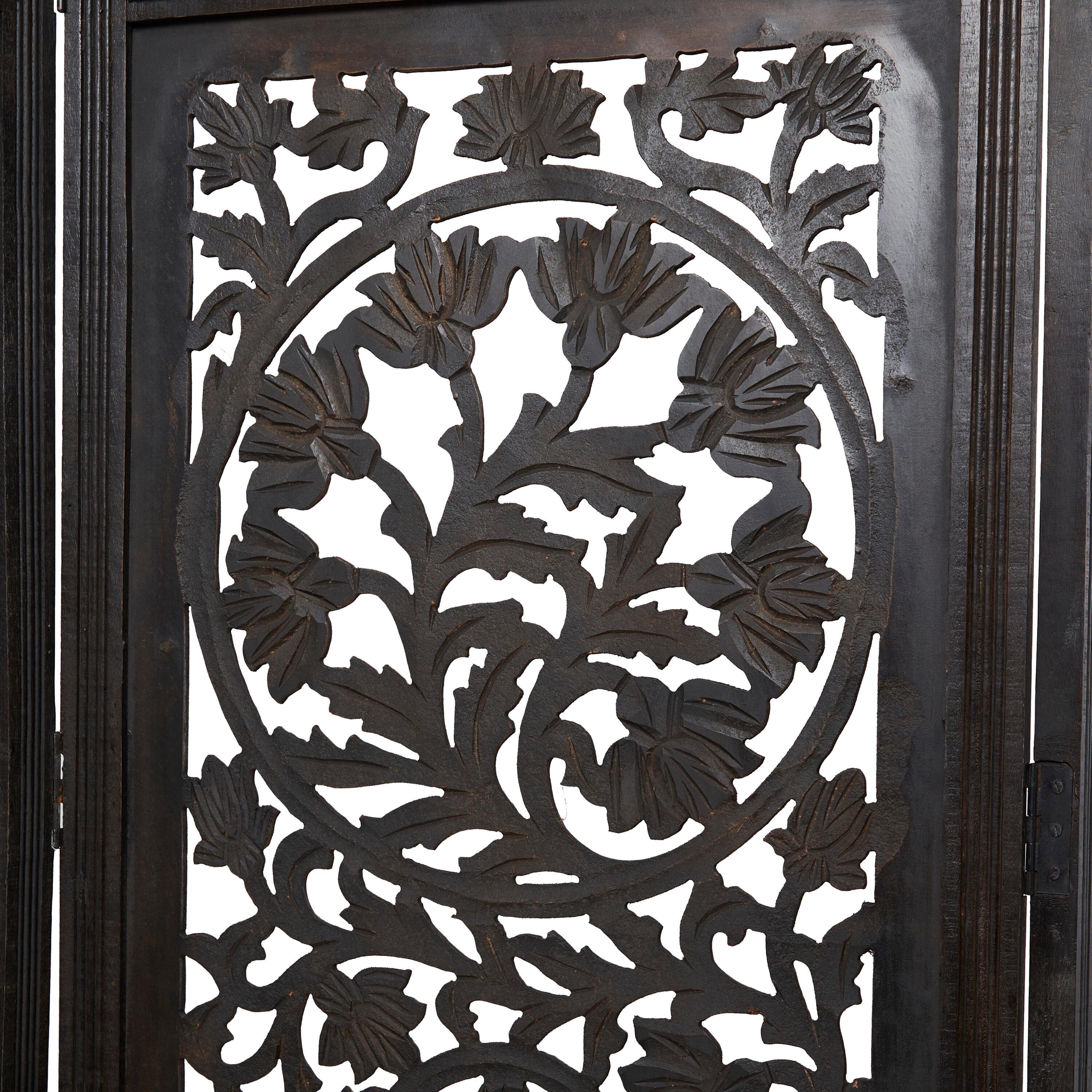 DecMode 80" x 72" Black Wood Floral Handmade Hinged Foldable Partition 4 Panel Room Divider Screen with Intricately Carved Designs, 1-Piece