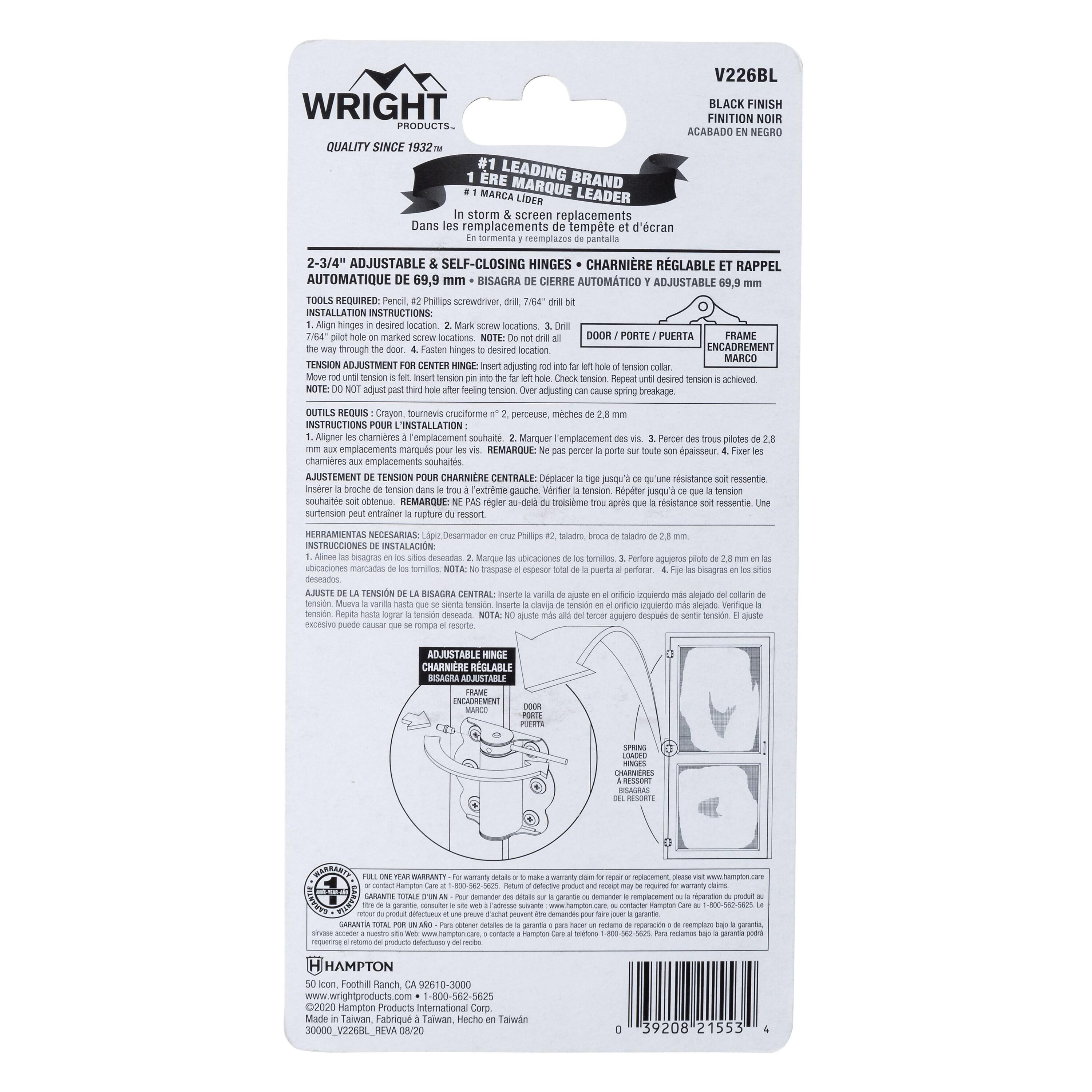 (3-Pk) Wright Products Adjustable  Self Closing Door Hinges Black 2-3/4" V226BL