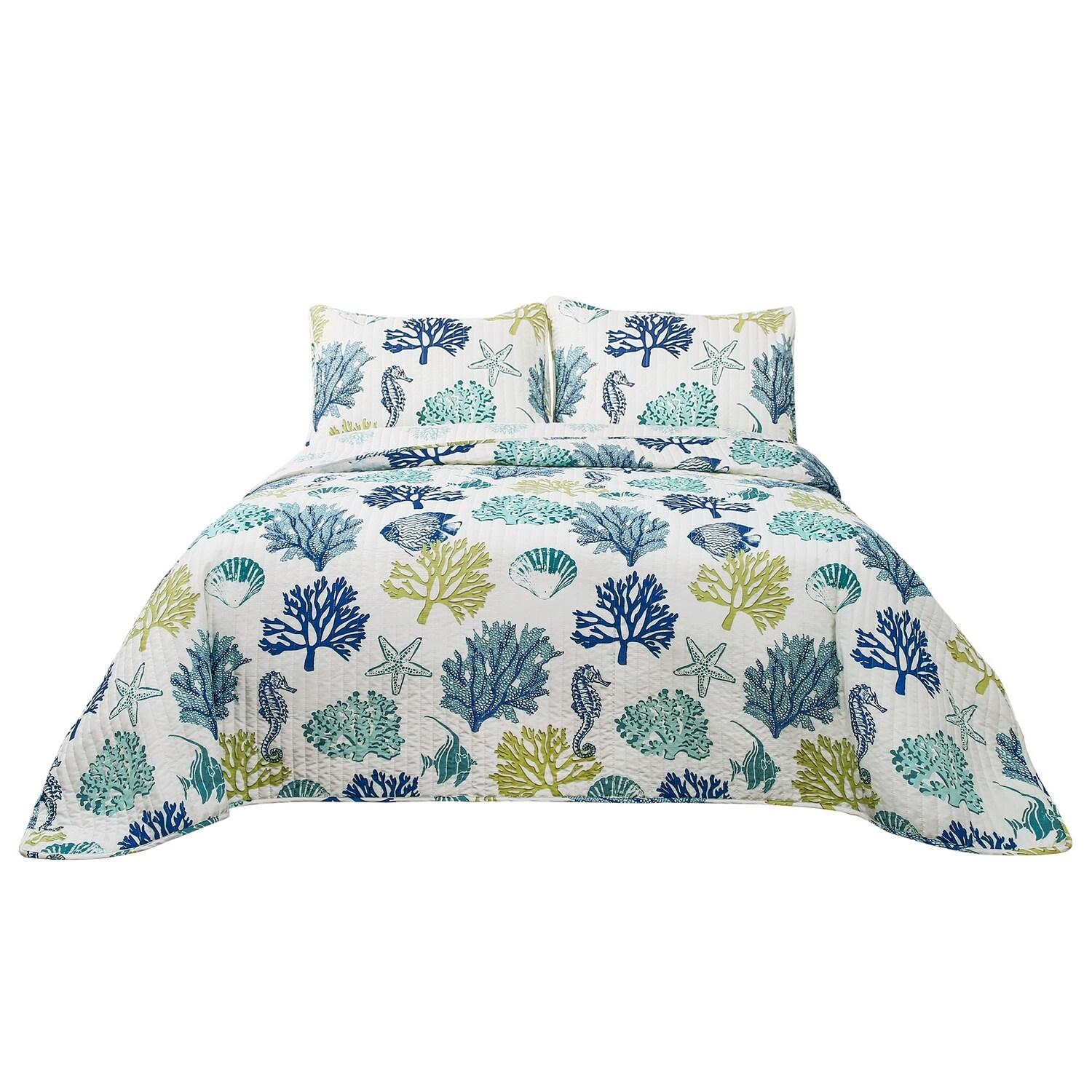 Lush Decor Coastal Reef Cotton Reversible Coastal 3 Piece Quilt Set