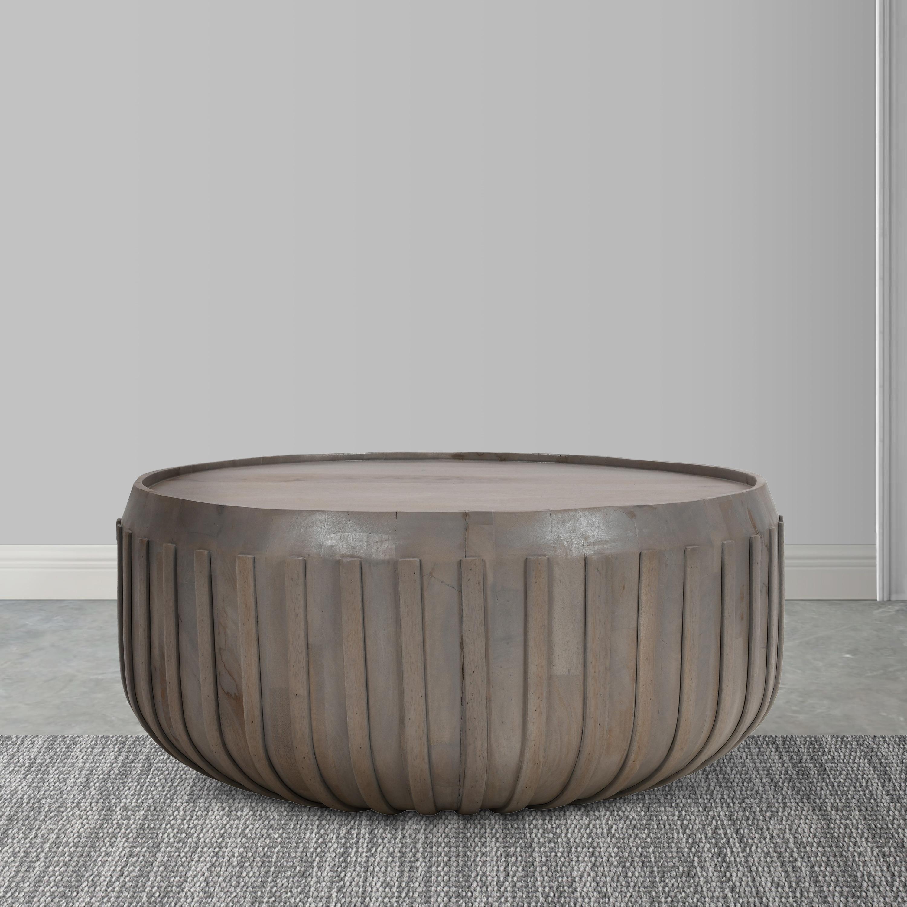 The Urban Port 36" Coffee Table Handcrafted Drum Shape with Ribbed Edges Gray Mango Wood Gray