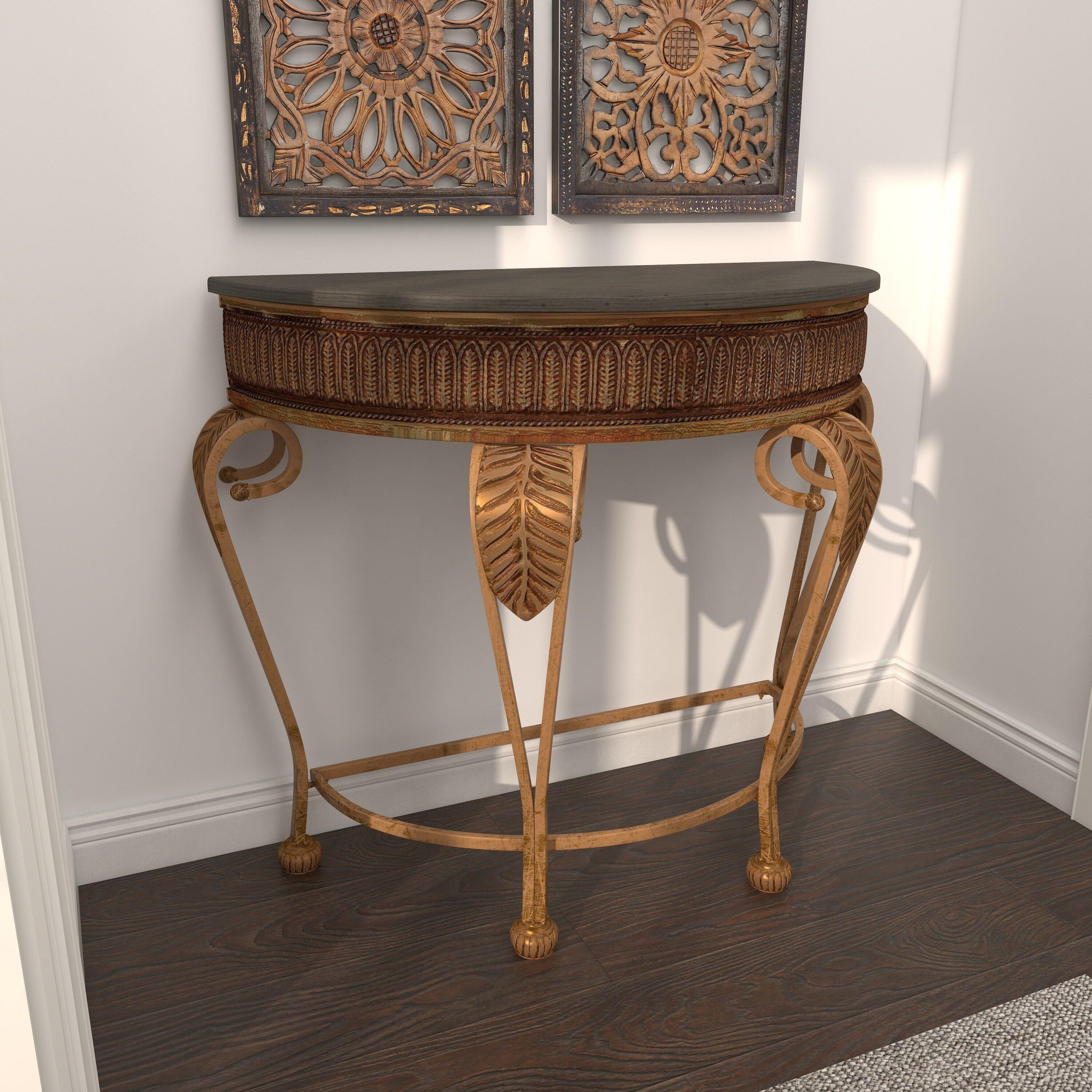 Allura Metal Embossed Leaf Console Table with Ornate Scroll Legs