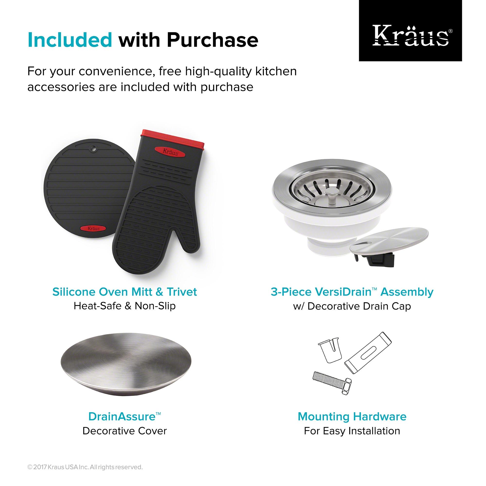 Dex™️ Series KRAUS 25-inch L Undermount Single Bowl TRU16 Gauge Stainless Steel Kitchen Sink with DrainAssure WaterWay