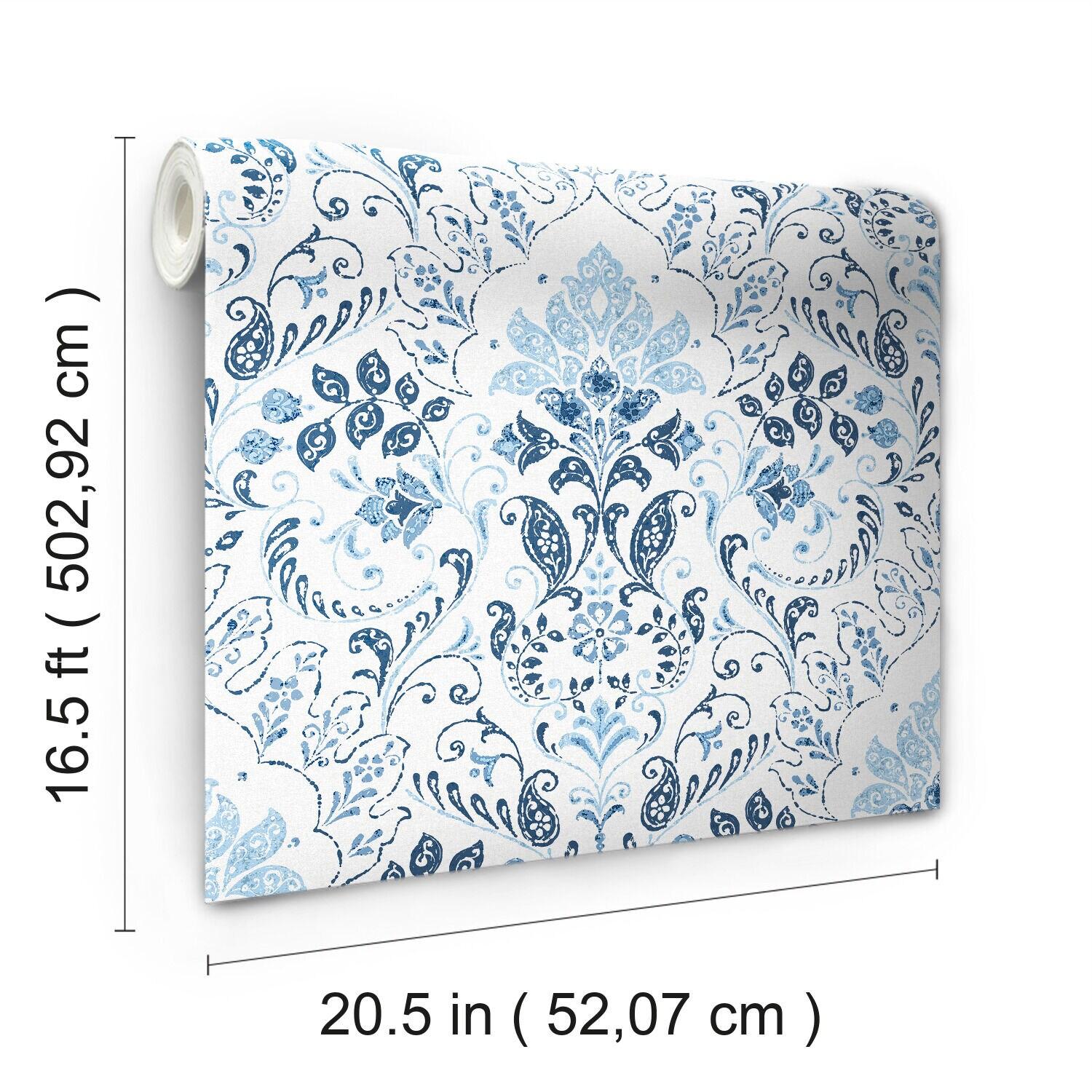 Blue and White Vinyl Damask Peel and Stick Wallpaper