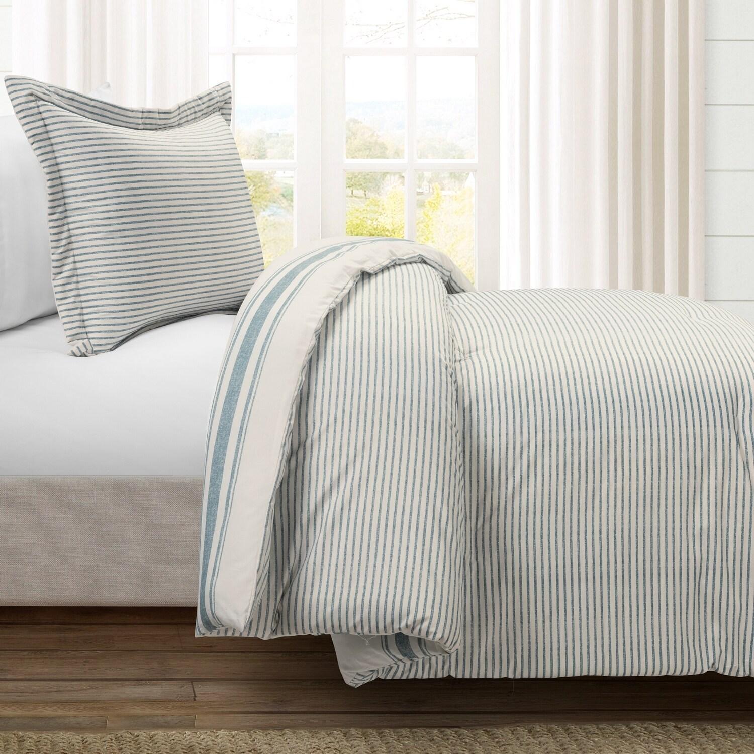 2pc Twin/Twin Extra Long Farmhouse Stripe Reversible Comforter & Sham Set Blue - Lush Décor: Year-Round, Plain Weave, 460 Thread Count