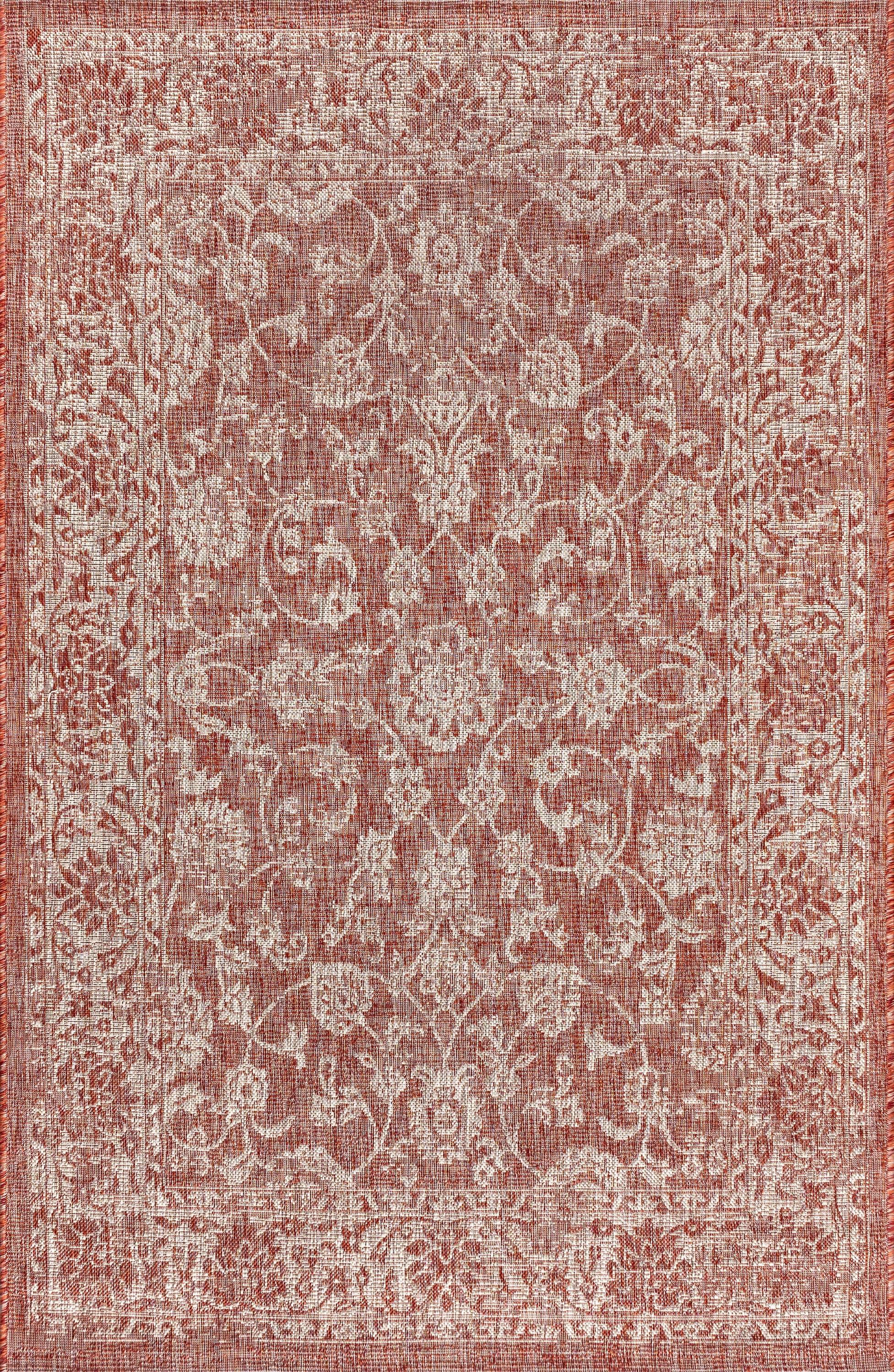 8'x10' Tela Bohemian Textured Weave Floral Indoor/Outdoor Area Rug, Red/Taupe - JONATHAN Y