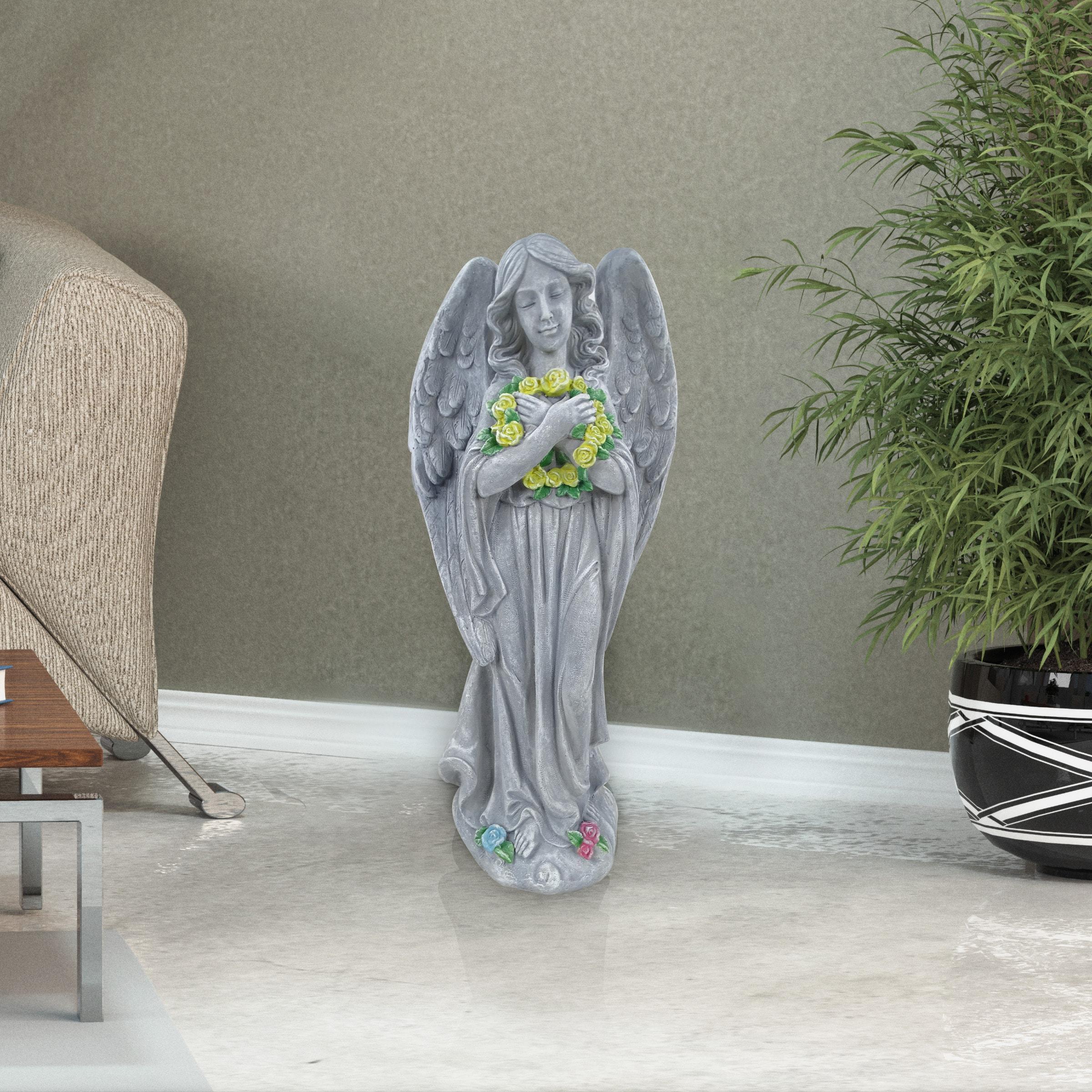 Alpine Corporation 29"H Angel with Yellow Flower Wreath Garden Statue