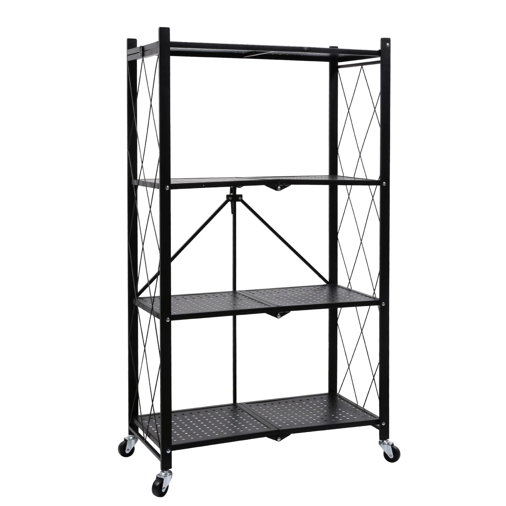 HeSLehs 4-Tier Heavy Duty Foldable Metal Rack Storage Shelving Unit with Wheels Moving Easily Organizer Shelves Great for Garage Kitchen, Black