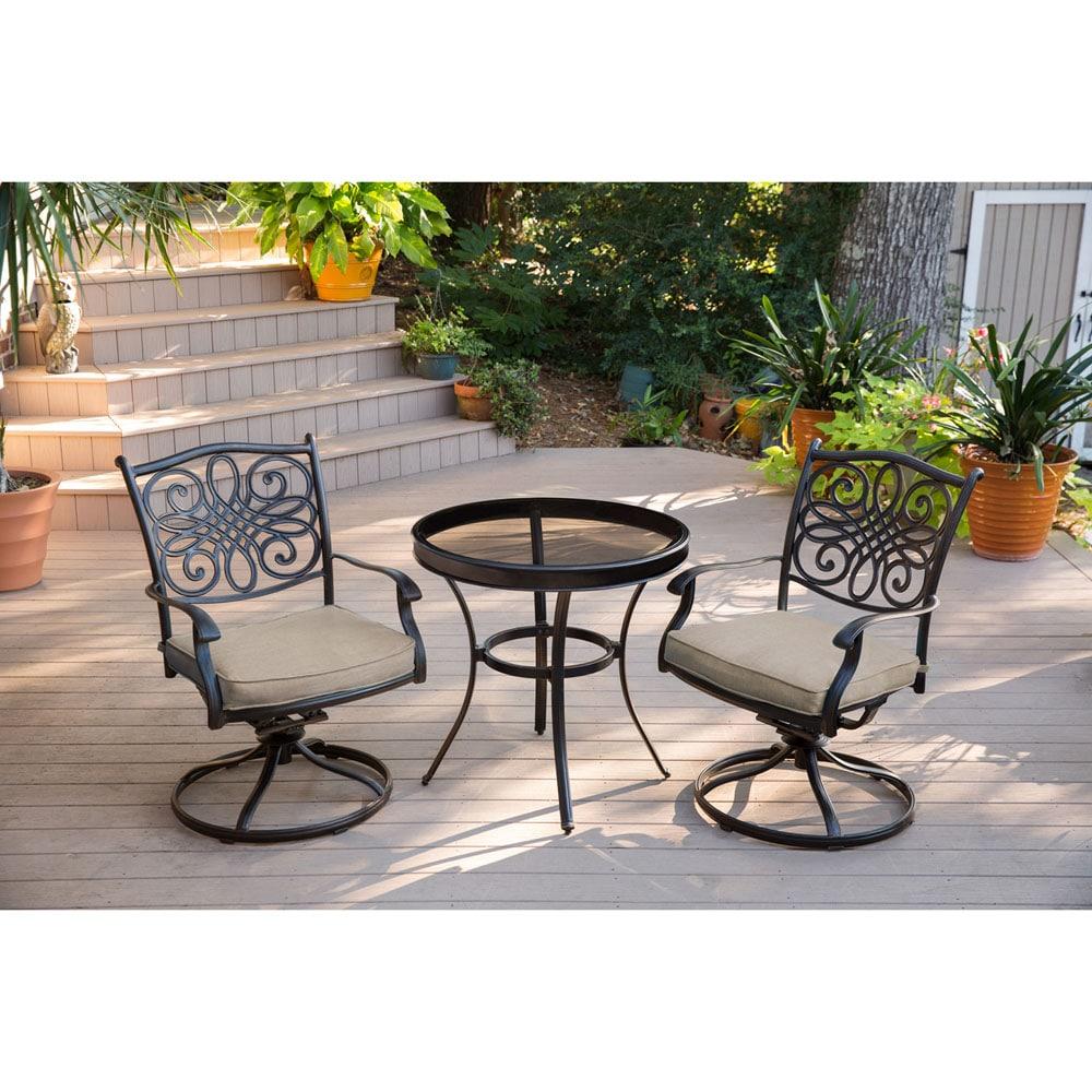 Hanover Traditions 3-Piece Swivel Bistro Set in Tan with 30 in. Glass-top Table