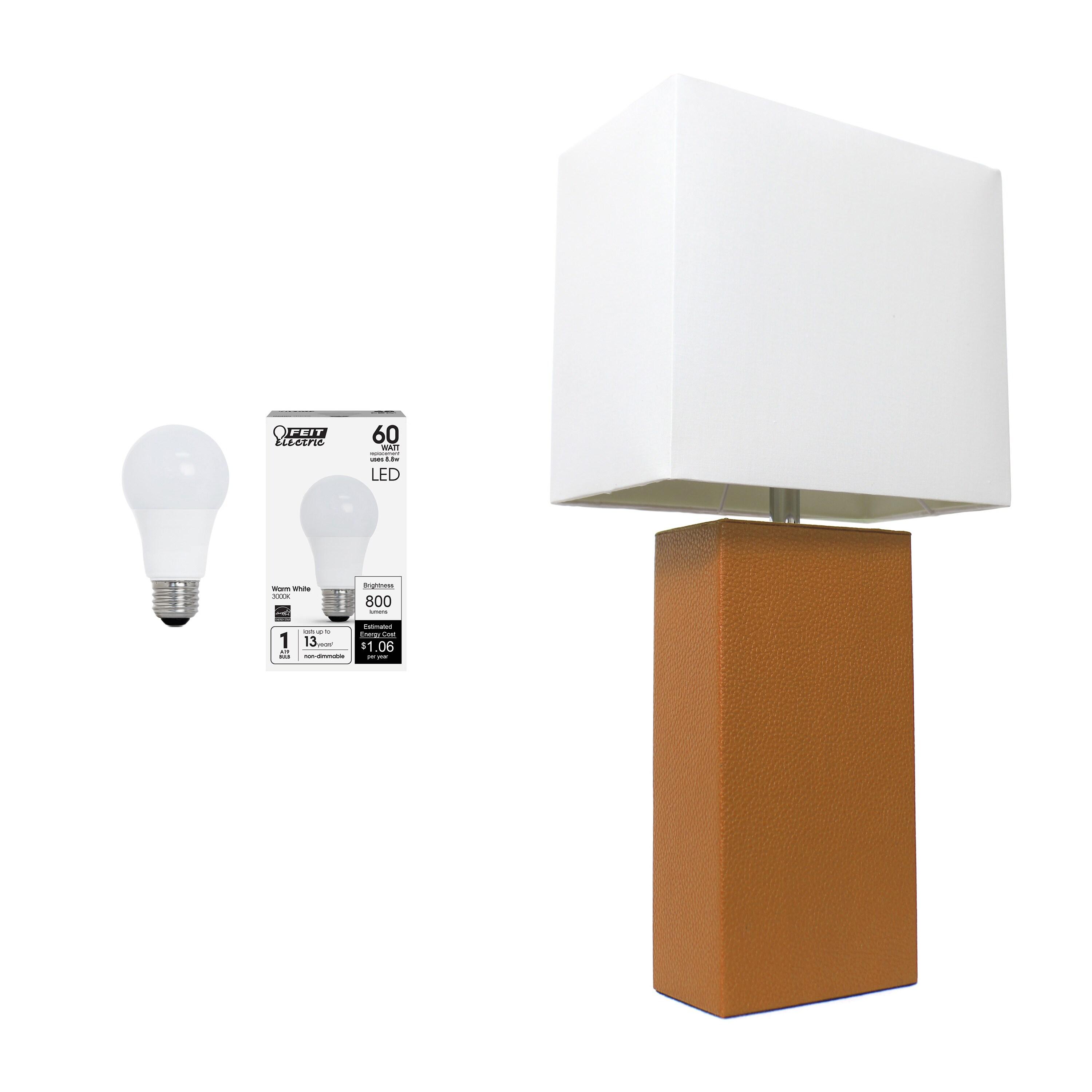 21" Lexington Leather Base Modern Home Decor Bedside Table Lamp with USB Charging Port and Fabric Shade Tan/White - Lalia Home: No Assembly