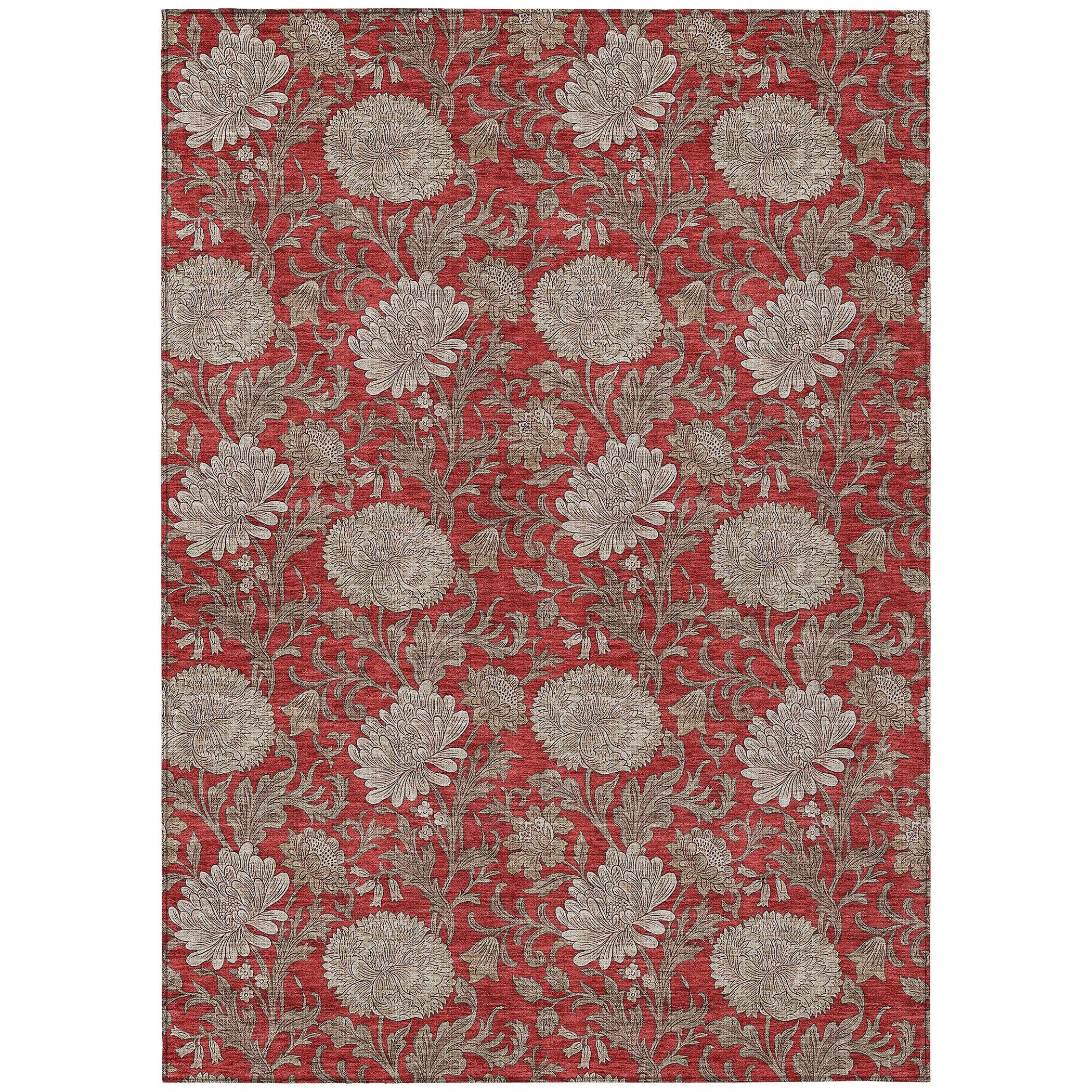 Red Floral Synthetic Rectangular Washable Kids Area Rug