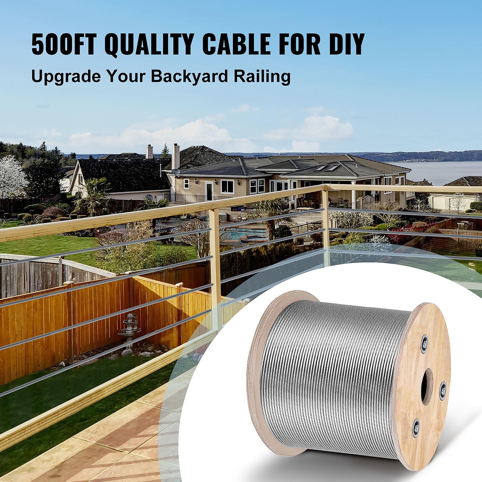 VEVOR 1/8" x 500ft Stainless Steel Cable Railing , 1x19 Wire Rope 316 Marine Grade, Braided Aircraft Cable for Deck, Rail, Balusters, Stair, Handrail, Porch, Fence