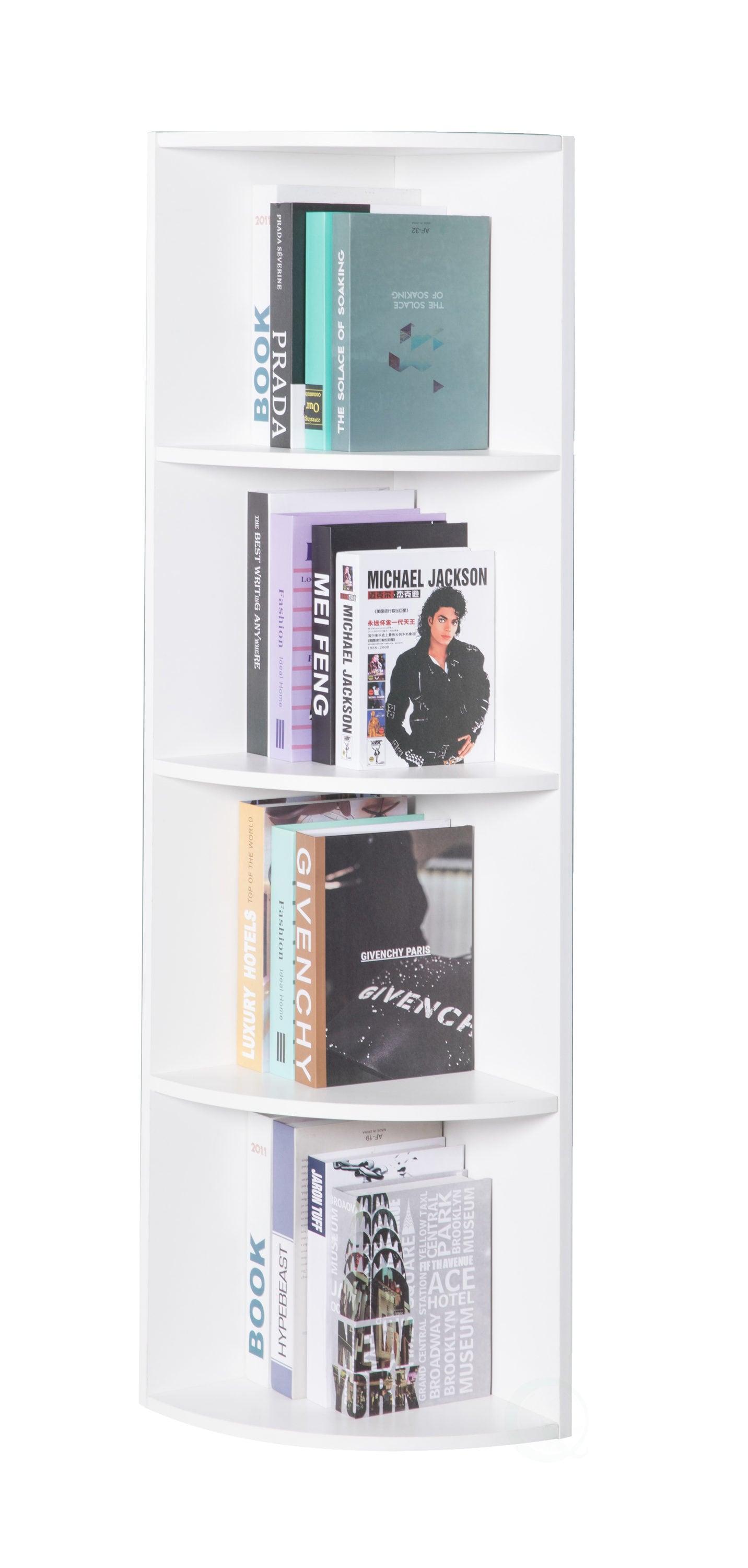 Basicwise Durable 4-Tier Wooden Corner Bookshelf, Perfect for Tiny Home, Office Space, Shelves for Bedroom, Classroom, & Library Shelving Needs, White