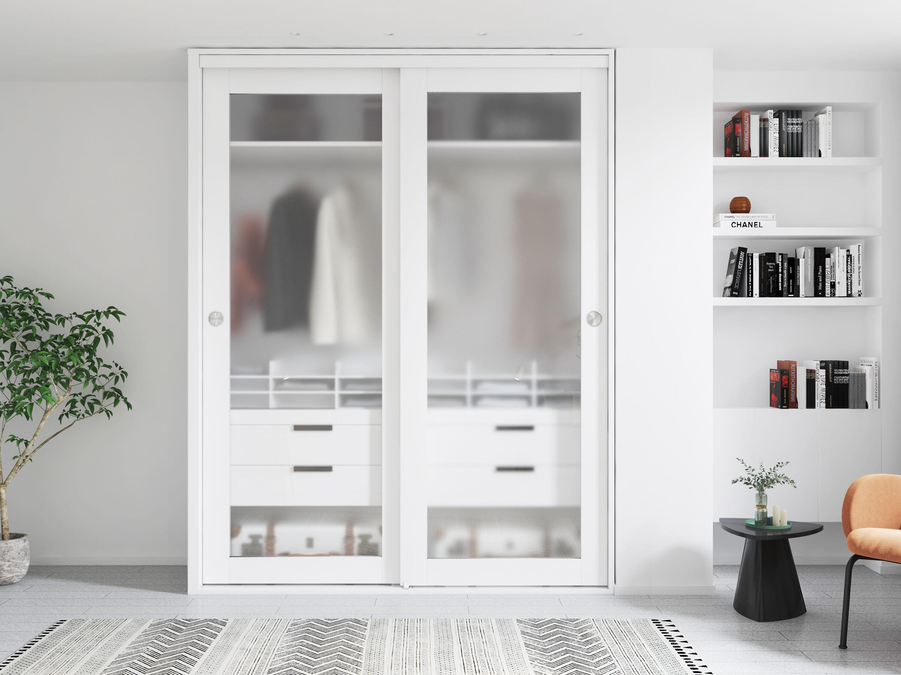 Calhome 1-Lite Frosted Tempered Glass Sliding Double Bypass Closet Door with Installation Hardware Kit