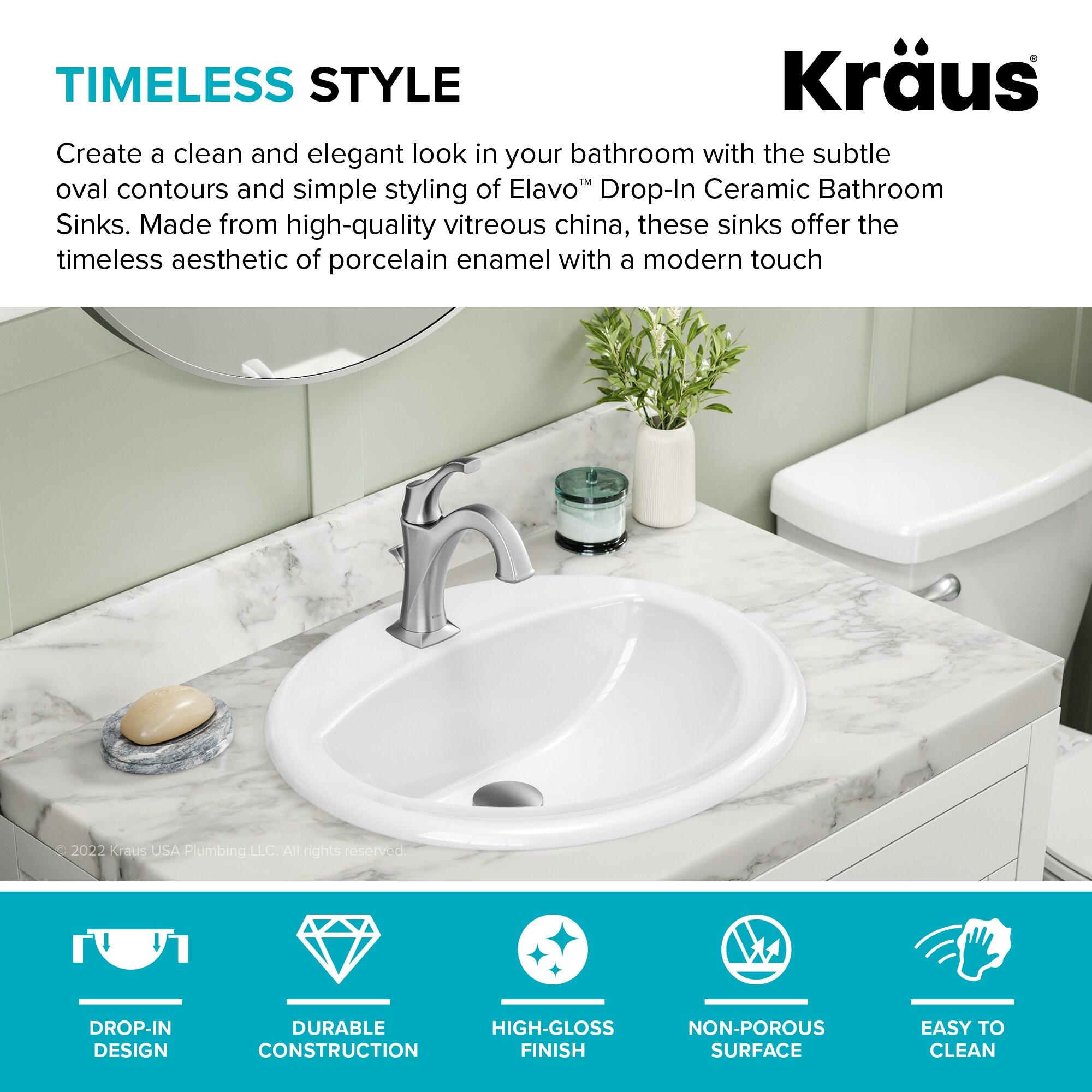 KRAUS Elavo. Oval Porcelain Ceramic Self-Rimming Drop In Bathroom Sink In White With Overflow Drain, KCT-100