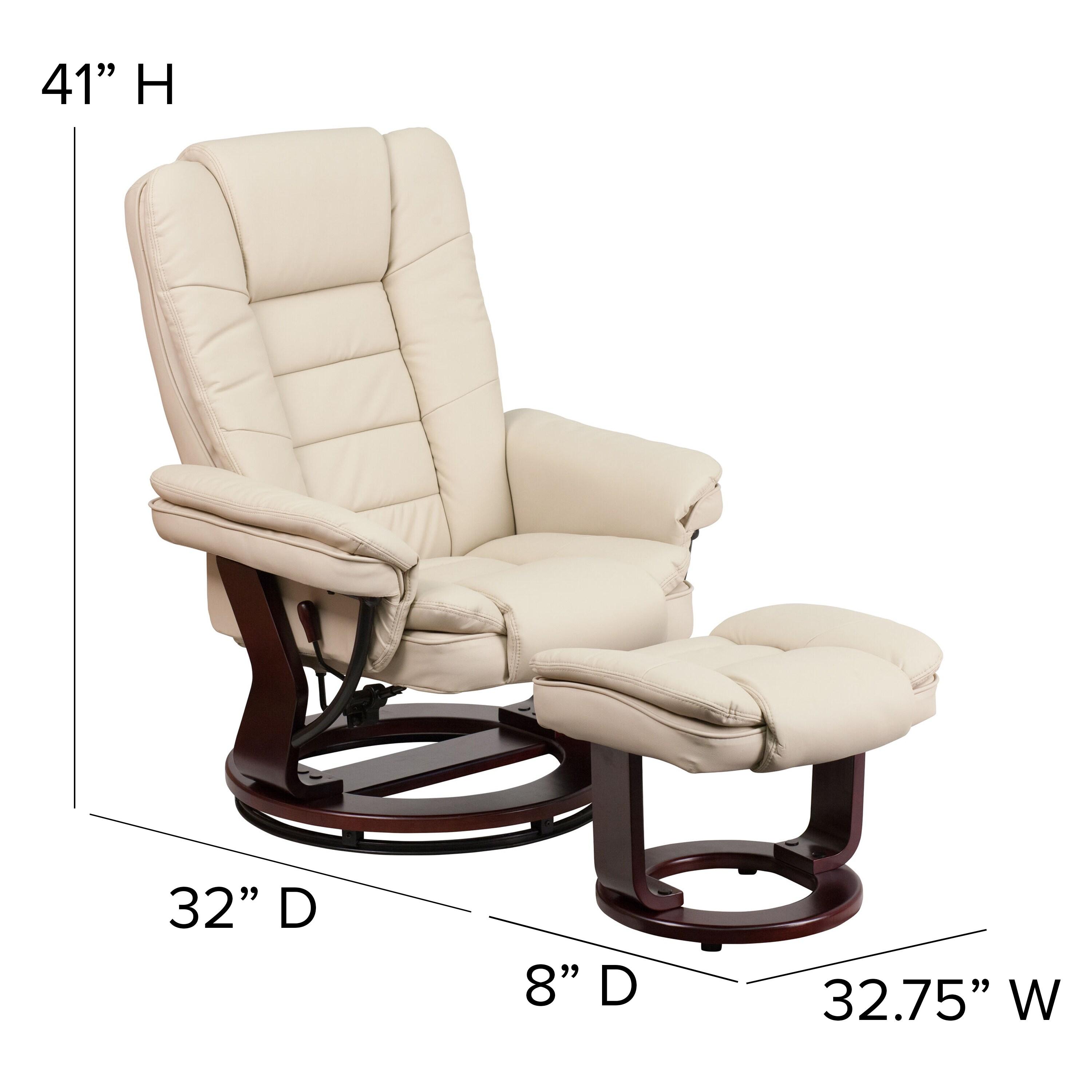 Flash Furniture Bali Contemporary Multi-Position Recliner with Horizontal Stitching and Ottoman with Swivel Mahogany Wood Base in Beige LeatherSoft