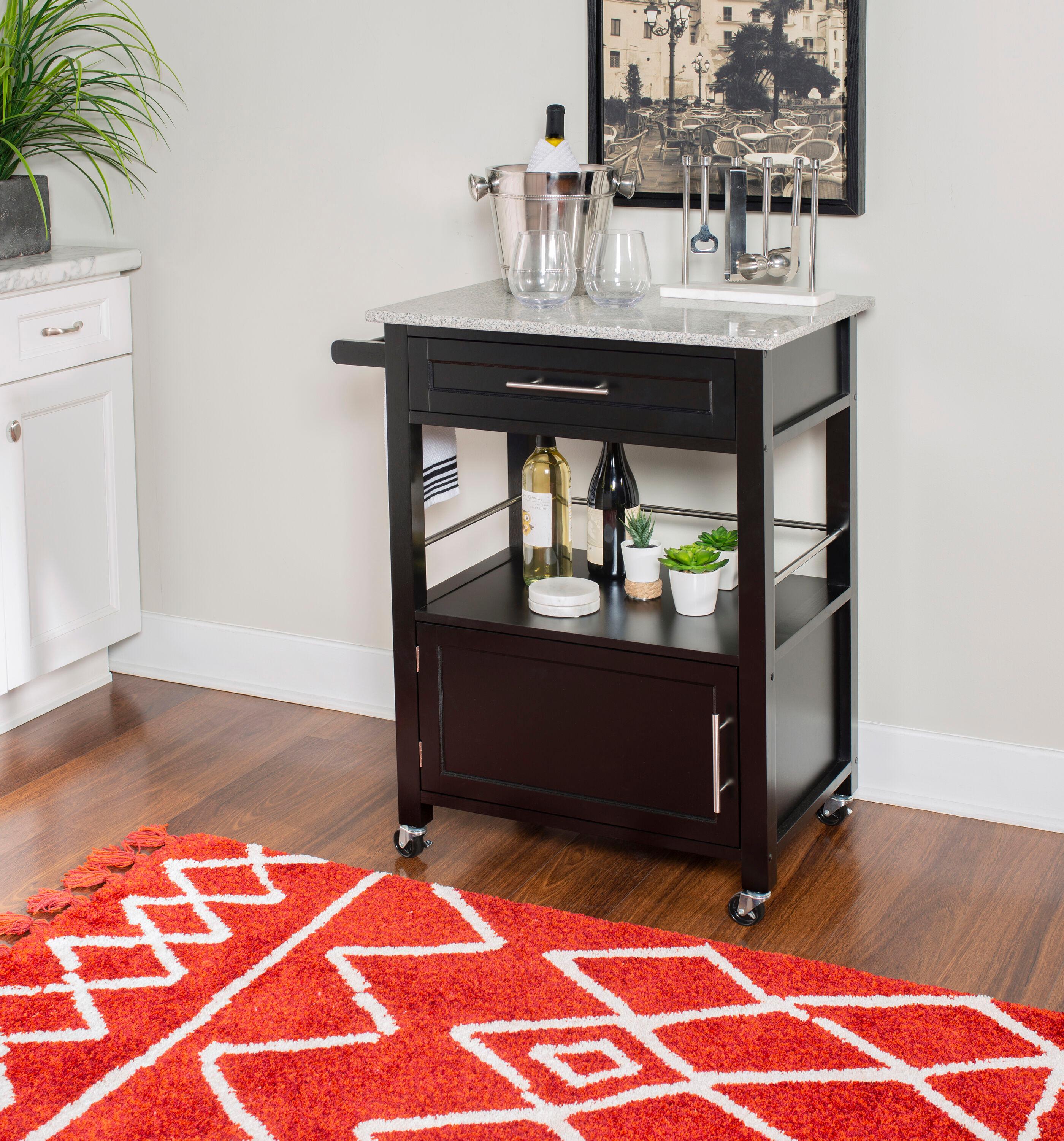 Mitchell Black Wood Granite Top Kitchen Cart: Storage, Towel Bar, Locking Casters - Linon