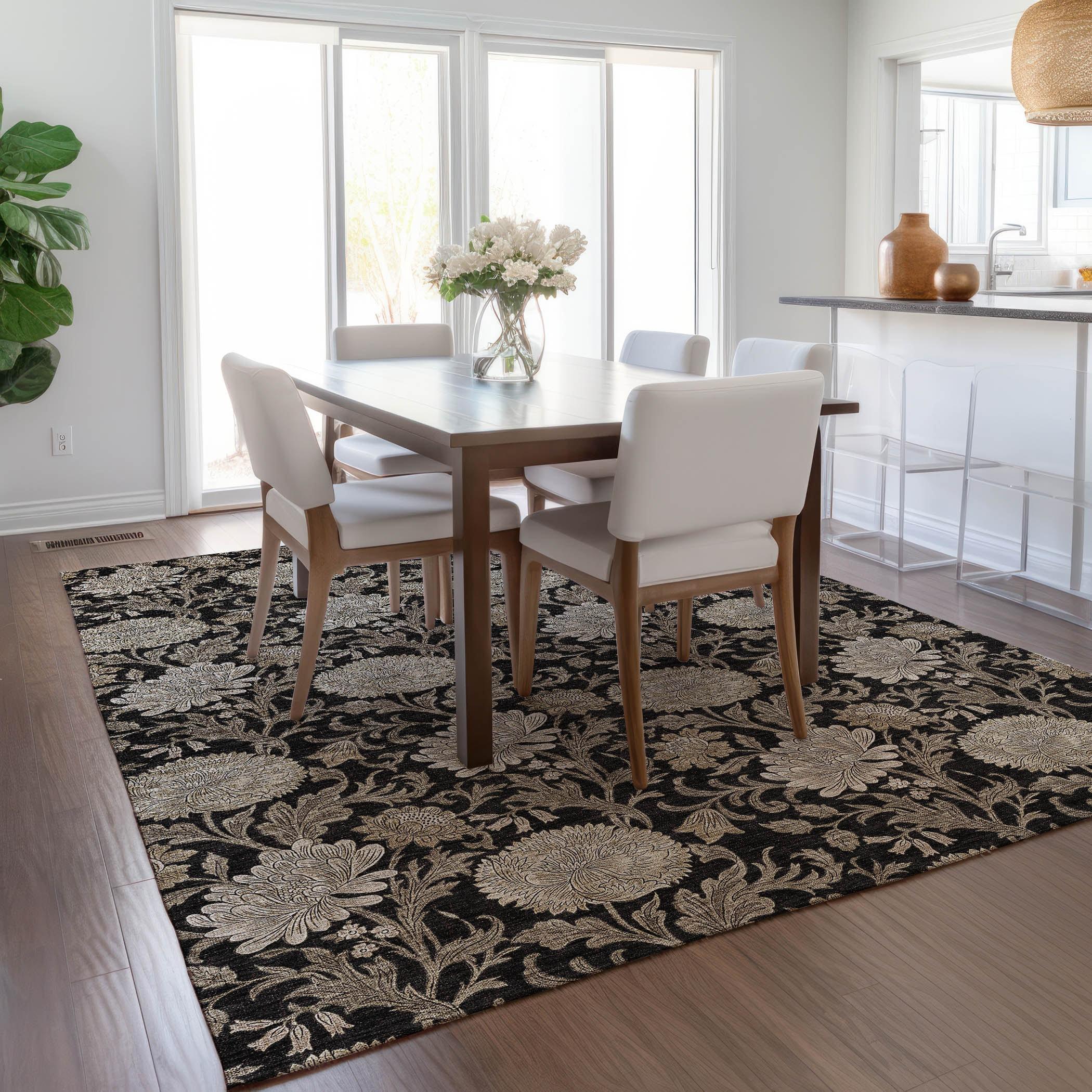Addison Rugs Chantille Indoor/Outdoor Transitional Floral Black Washable Rectangle Rug, 5' x 7'6"