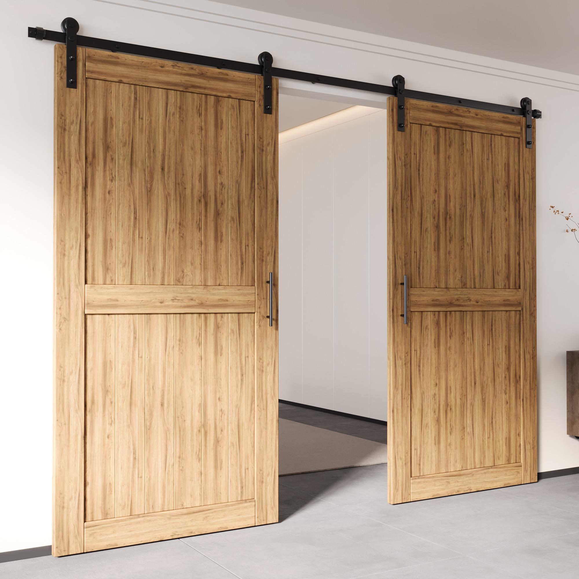 Homacer Black Rustic Sliding Barn Door Hardware Kit, for Two/Double Doors, 14ft Long Flat Track, Straight Design Roller, Heavy Duty, for Interior & Exterior Use