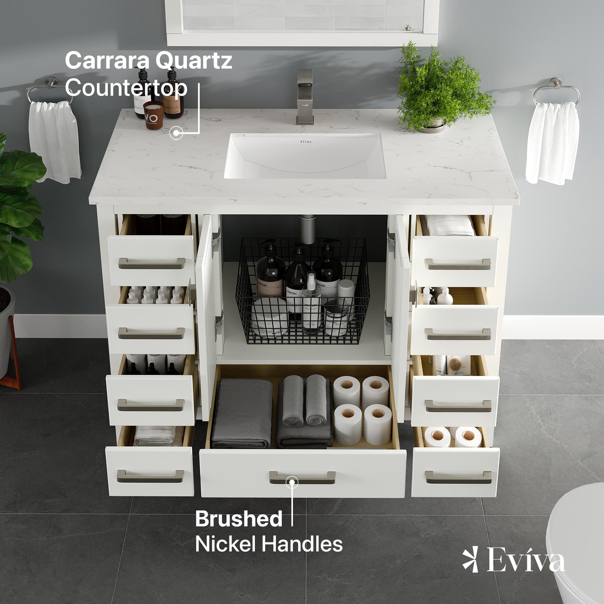 Eviva London 42"W x 18"D White Bathroom Vanity with White Carrara Quartz Countertop and Undermount Porcelain Sink
