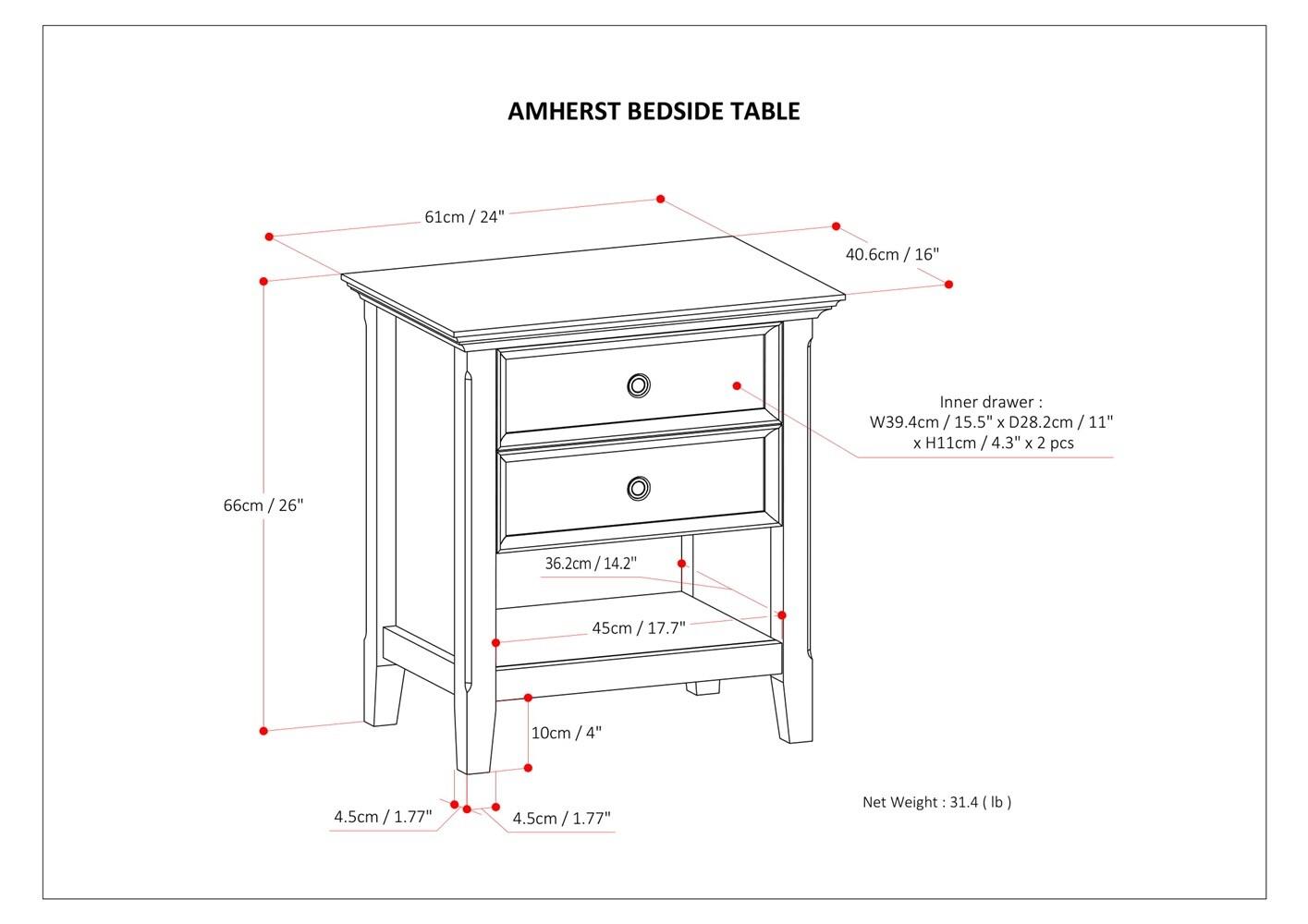 Simpli Home Amherst 24"W 2-Drawer Solid Wood Nightstand with Open Shelf