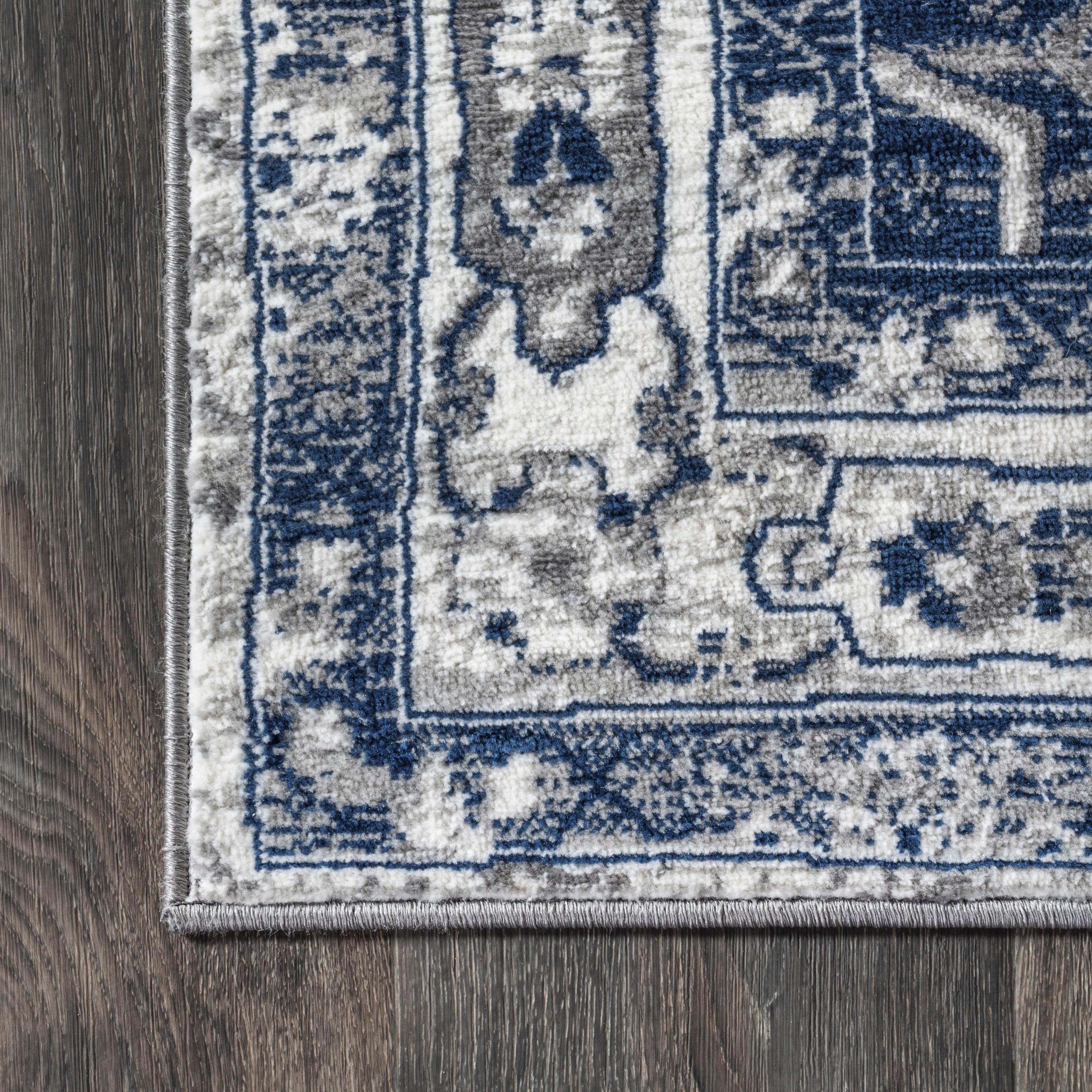 2'x8' Modern Persian Vintage Medallion Runner Rug, Light Grey/Navy - JONATHAN Y