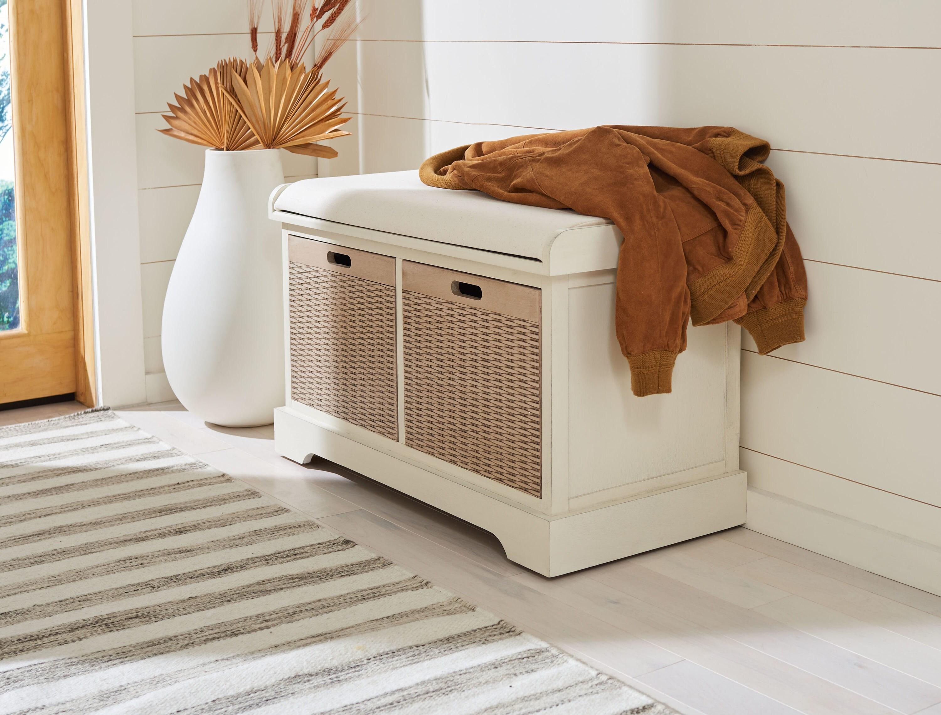 Landers 2 Drawer/Cushion Storage Bench - Distressed White - Safavieh