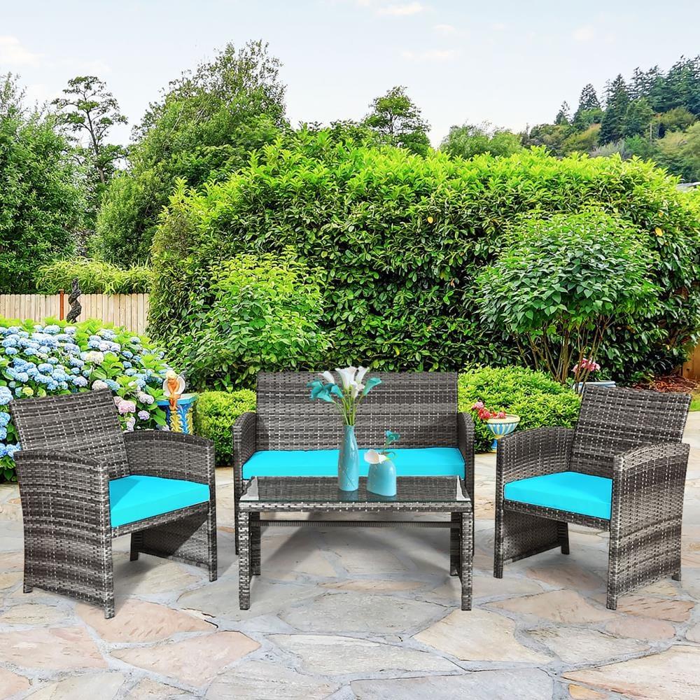 Spaco 4 Pieces Patio Rattan Furniture Set, Balcony Furniture Outdoor Rattan Patio Conversation Set with Cushions-Turquoise