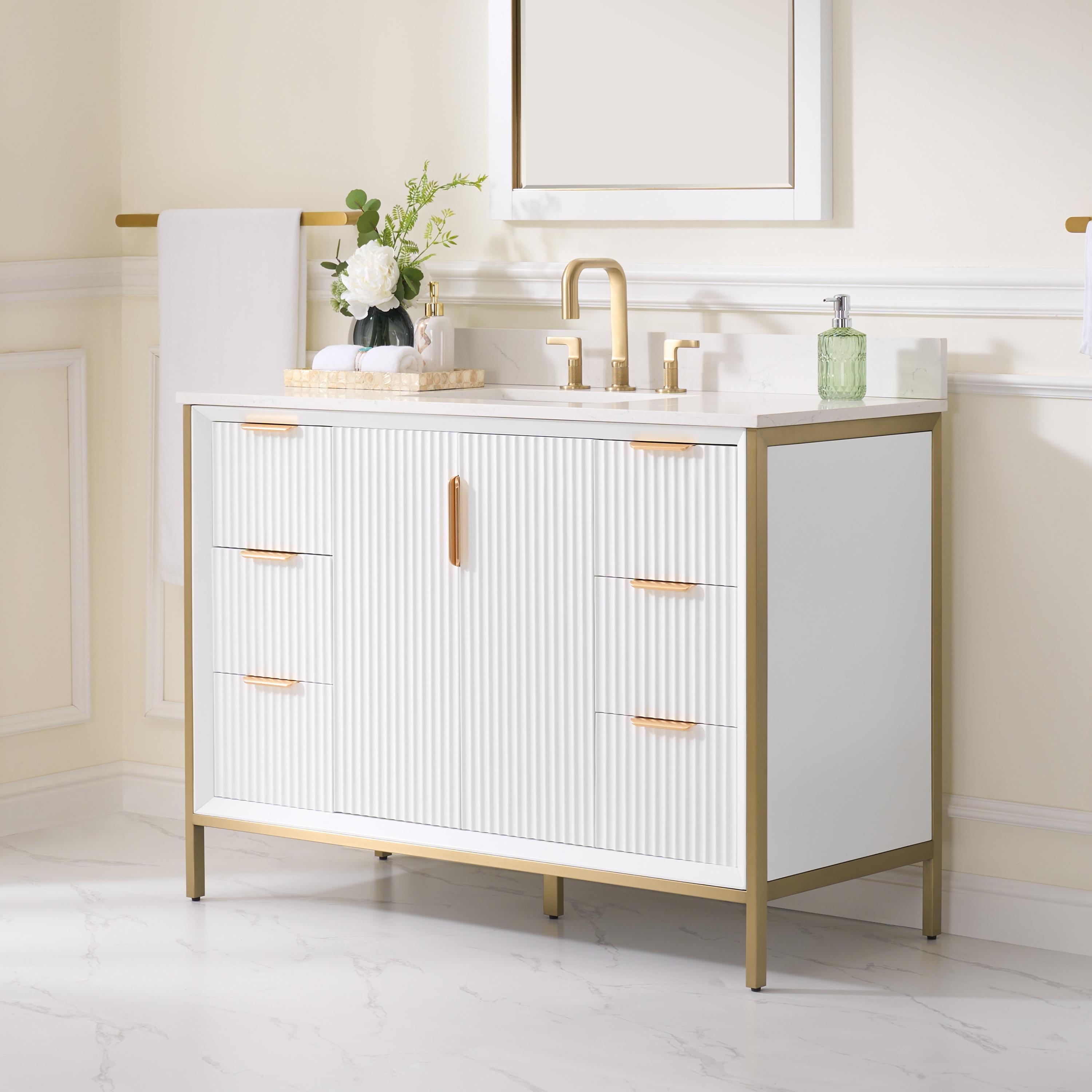Vinnova Granada 48" White Faux Stone Top Single Vanity in White No Mirror
