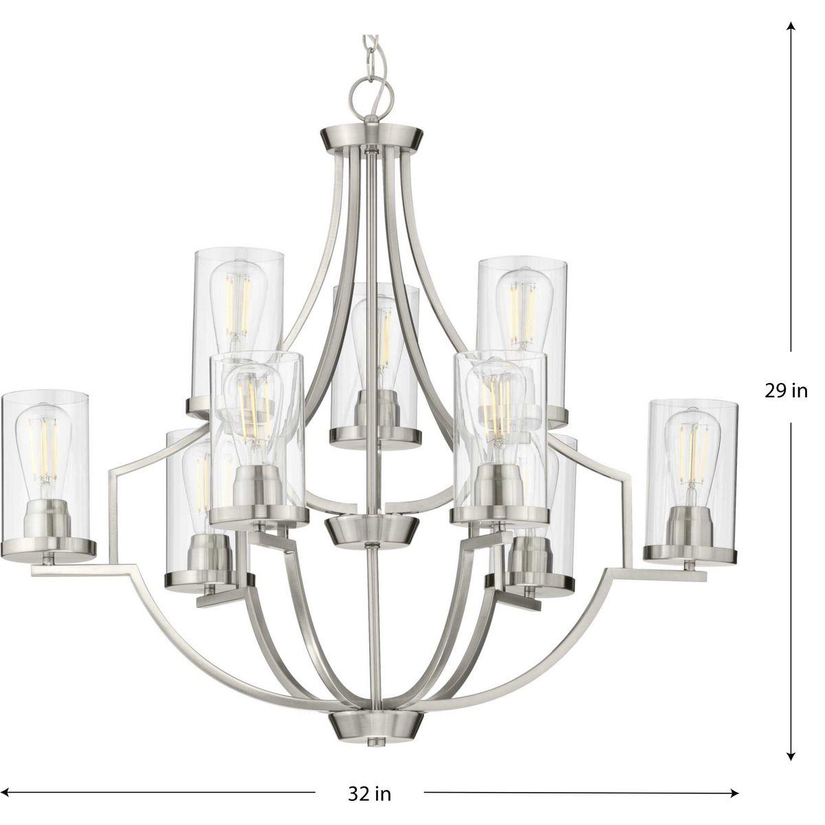 Progress Lighting, Lassiter Collection, 9-Light Chandelier, Brushed Nickel, Clear Glass Shades