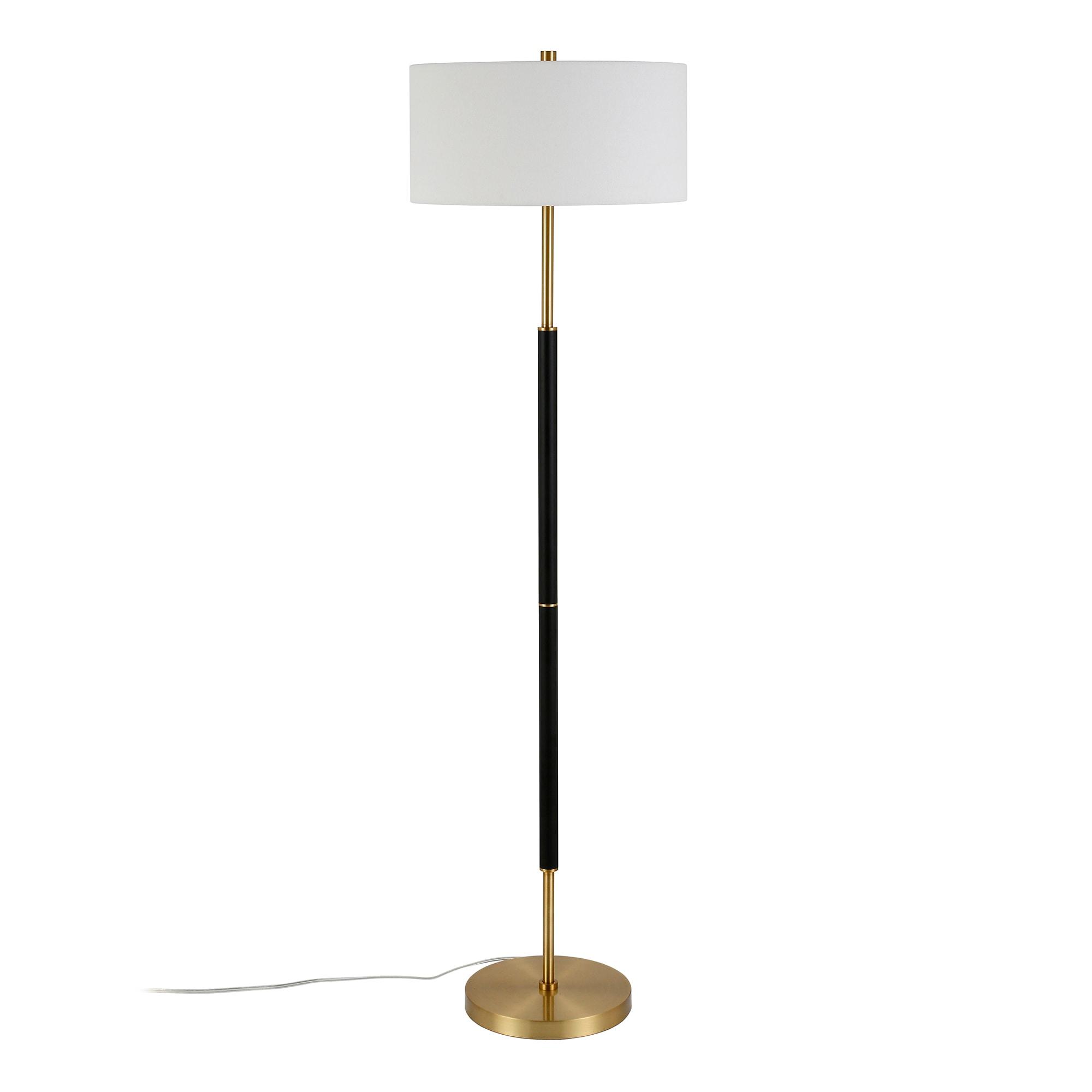 Evelyn&Zoe Simone 2-Light Floor Lamp with Fabric Shade, Matte Black/Brass/White