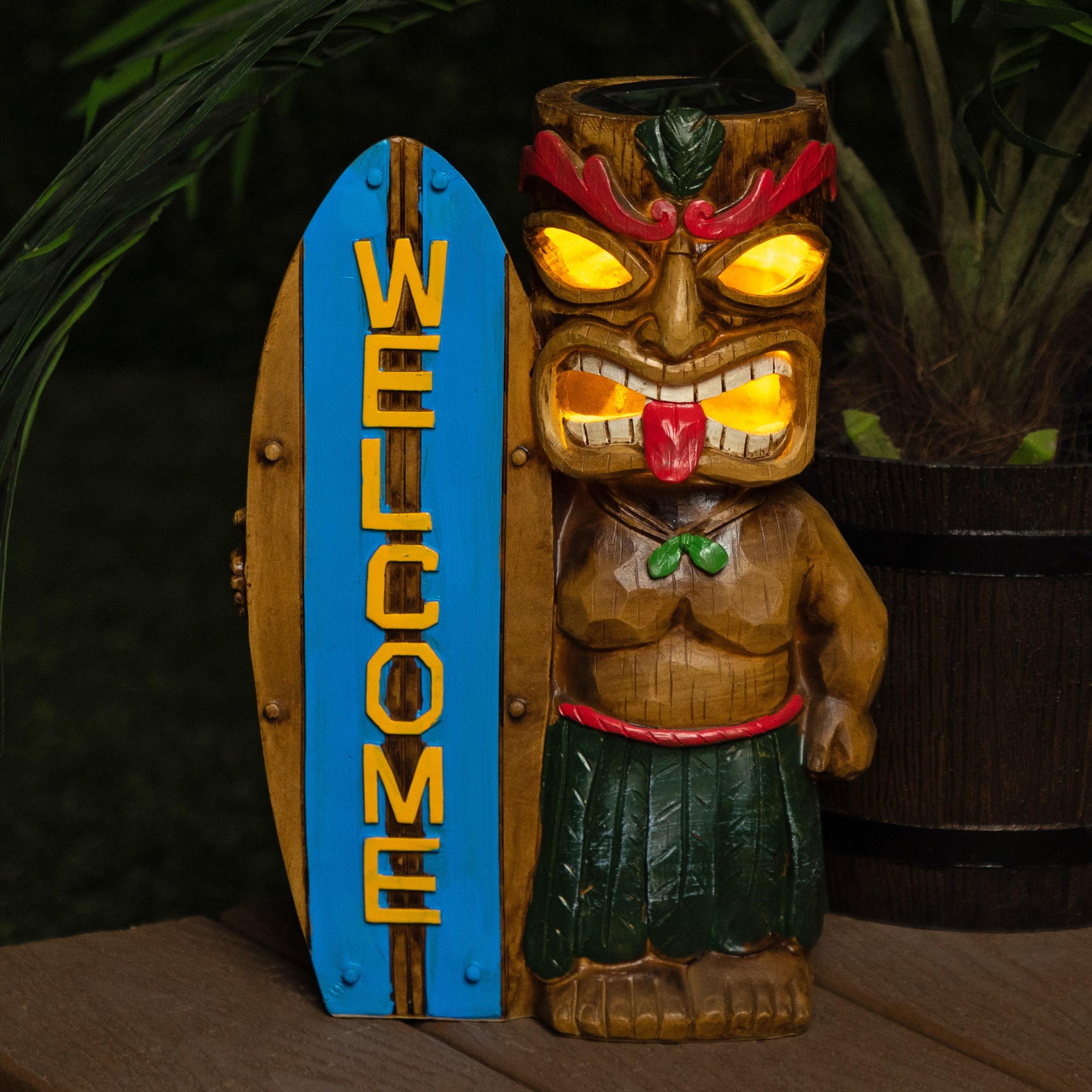 Alpine Corporation Solar Tiki with Welcome Surf Board Statuary and LED Lights