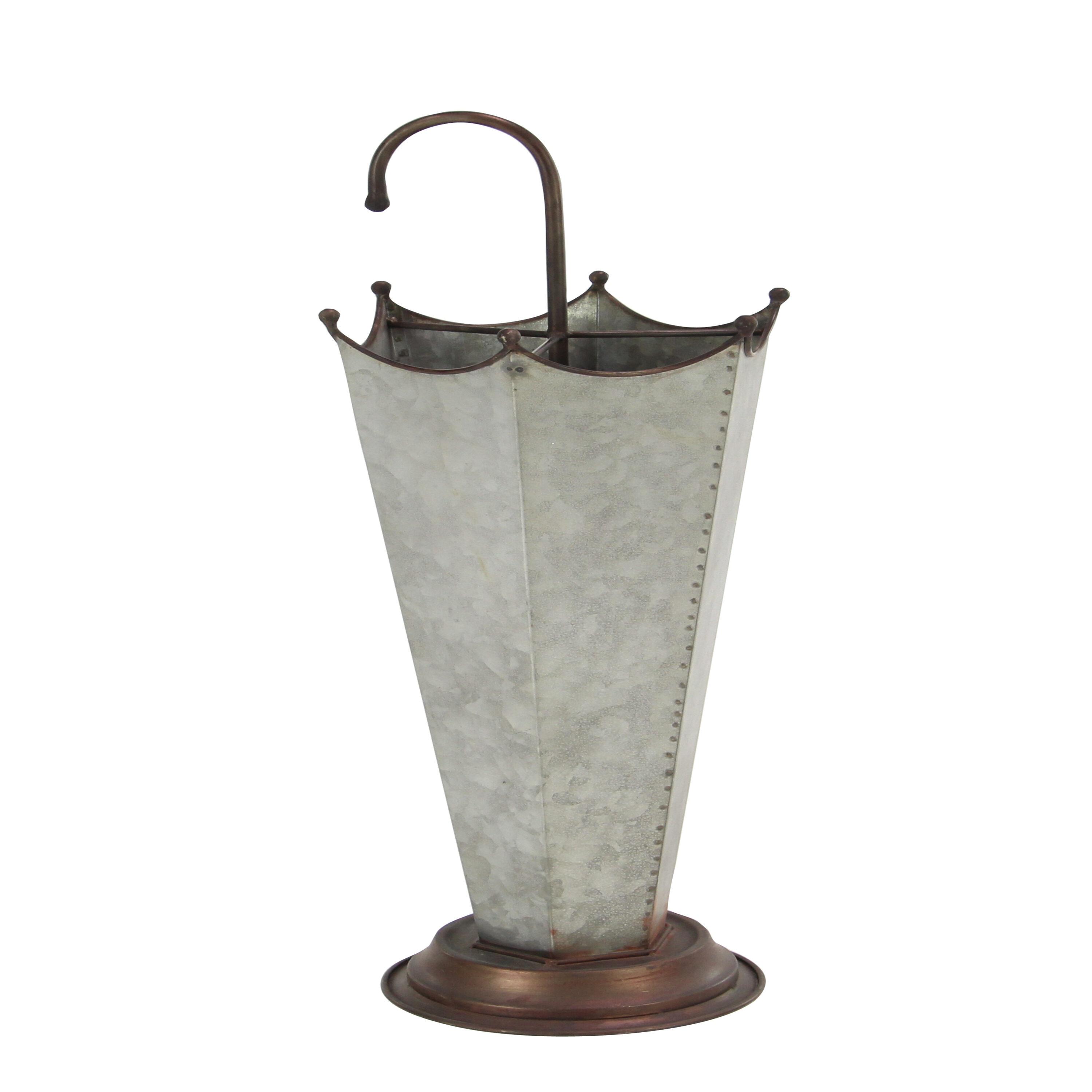 DecMode Gray Metal Galvanized Umbrella Stand with Copper Base and Handle