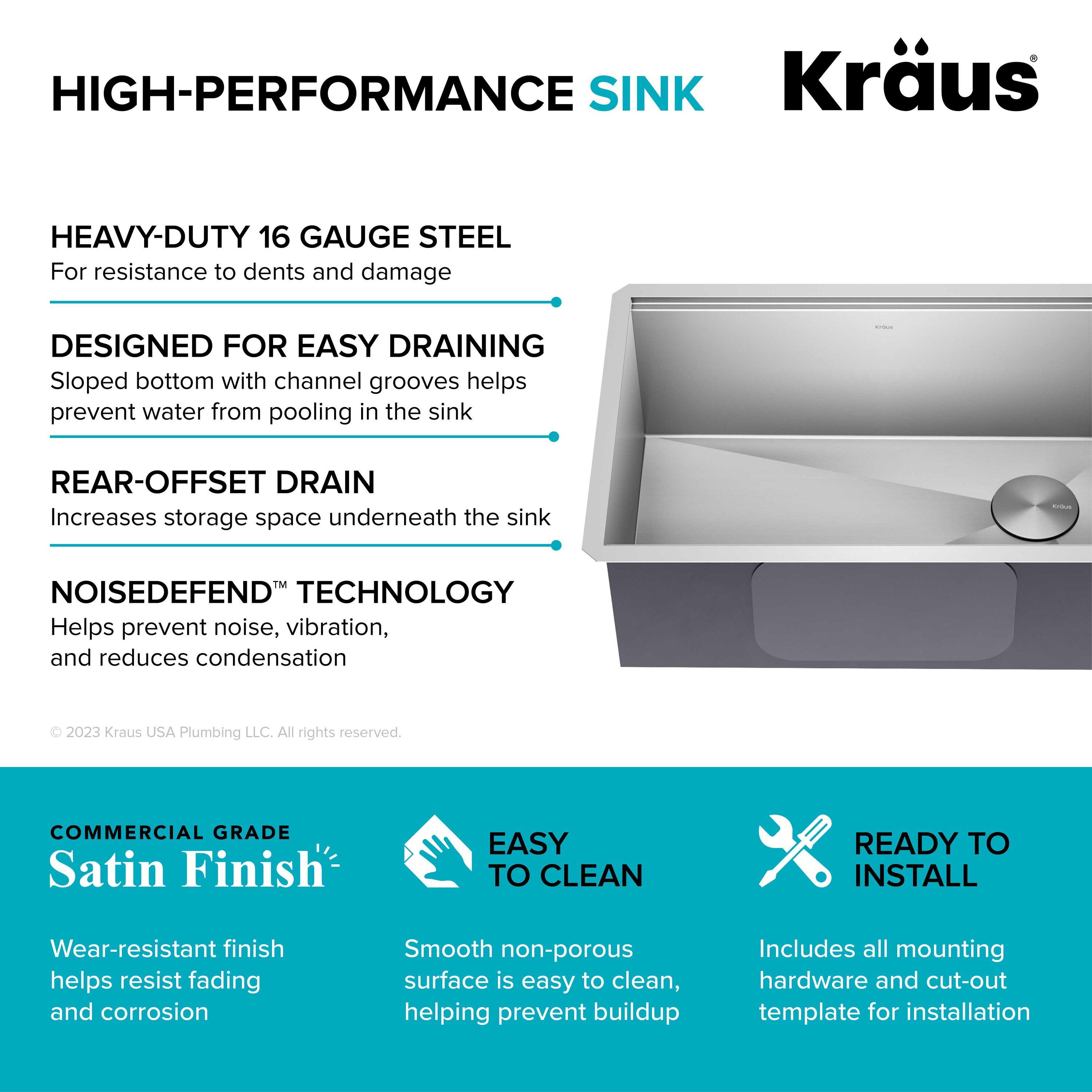 KRAUS Kore™ 28" L Undermount Workstation 16 Gauge Stainless Steel Single Bowl Kitchen Sink with Accessories