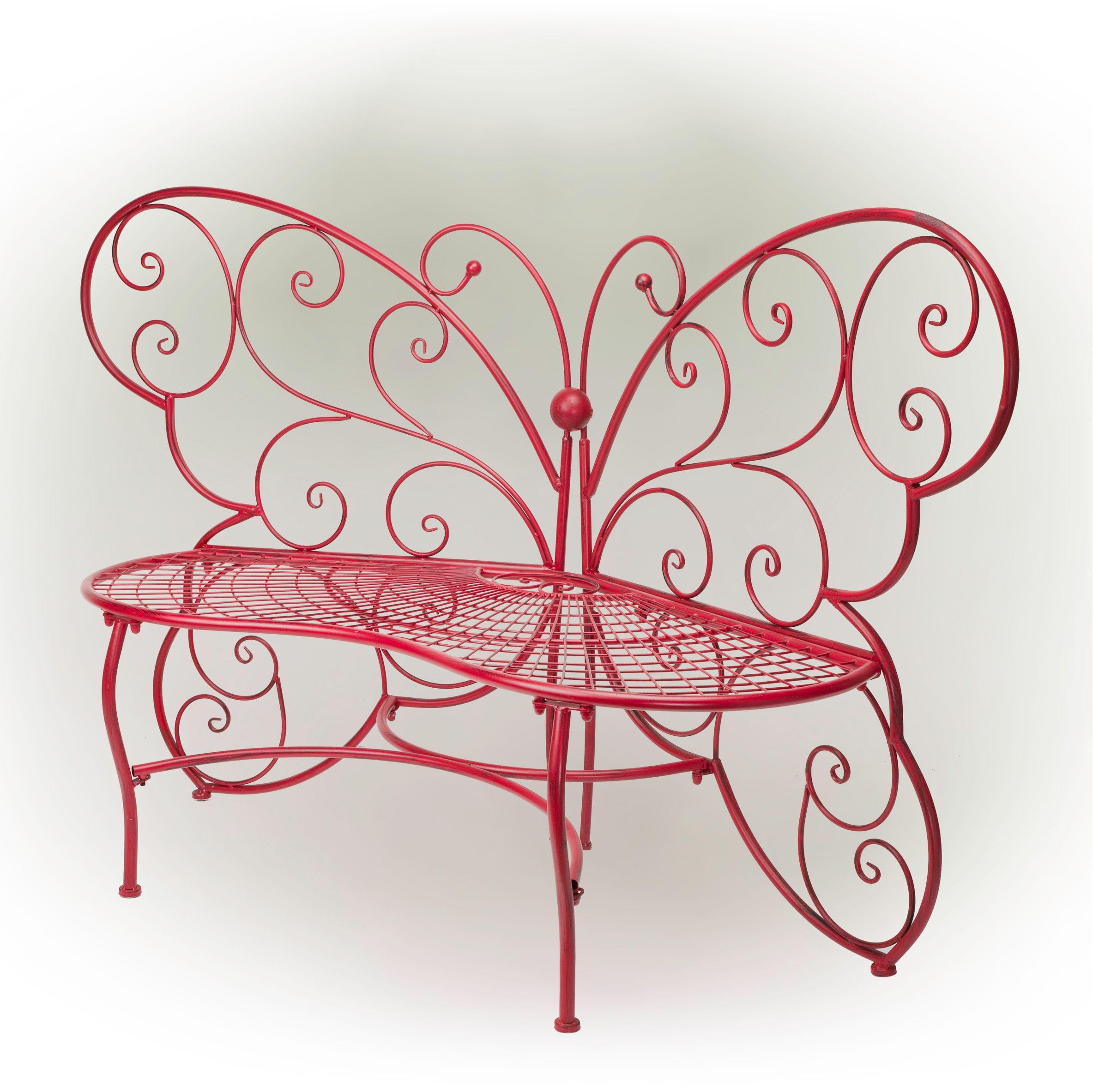 Butterfly Metal Bench Red - Alpine Corporation: Durable Garden Seating, Weather-Resistant Iron Construction