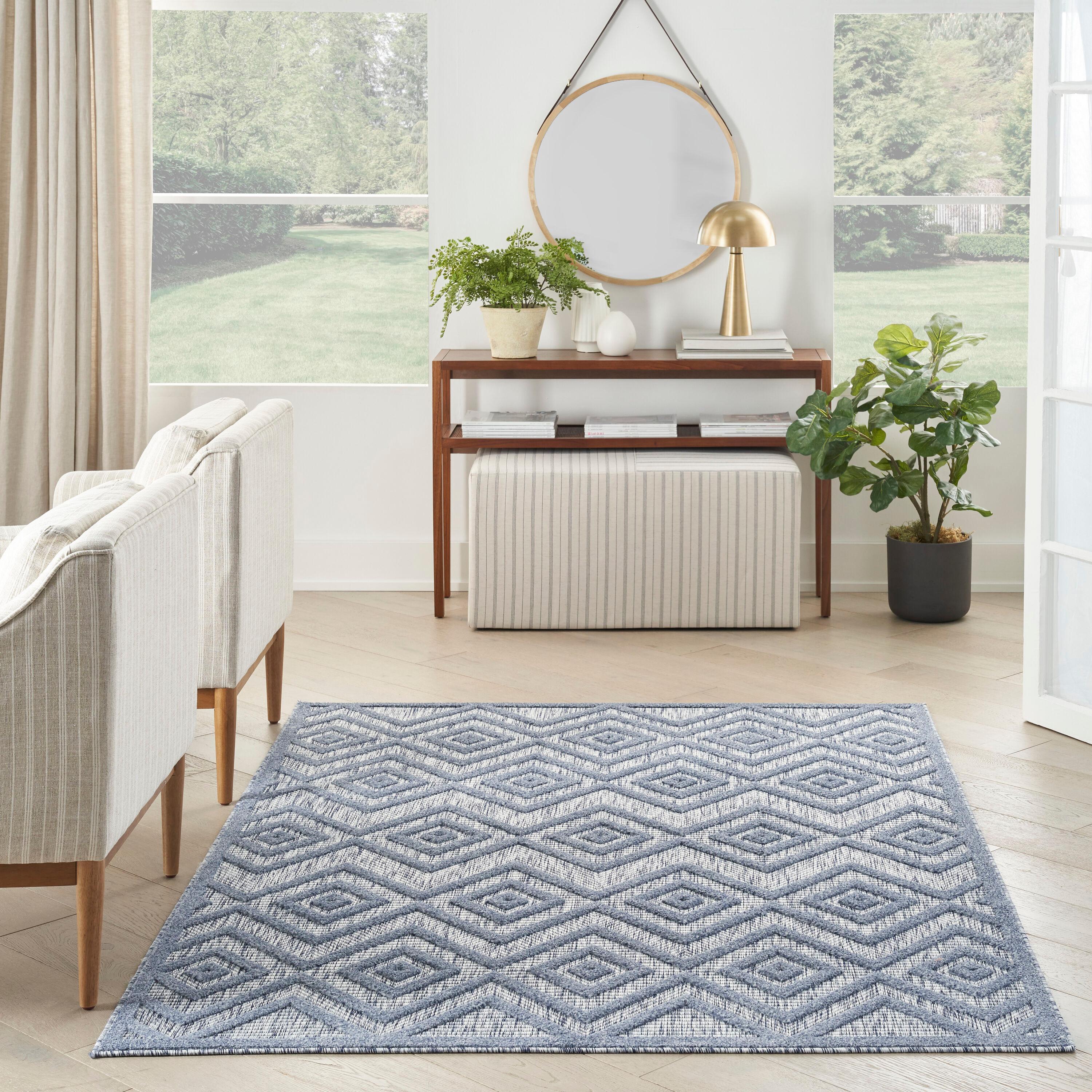 Nourison Versatile Diamond Geometric Flatweave Indoor Outdoor Area Rug Denim Blue 6' x 9'