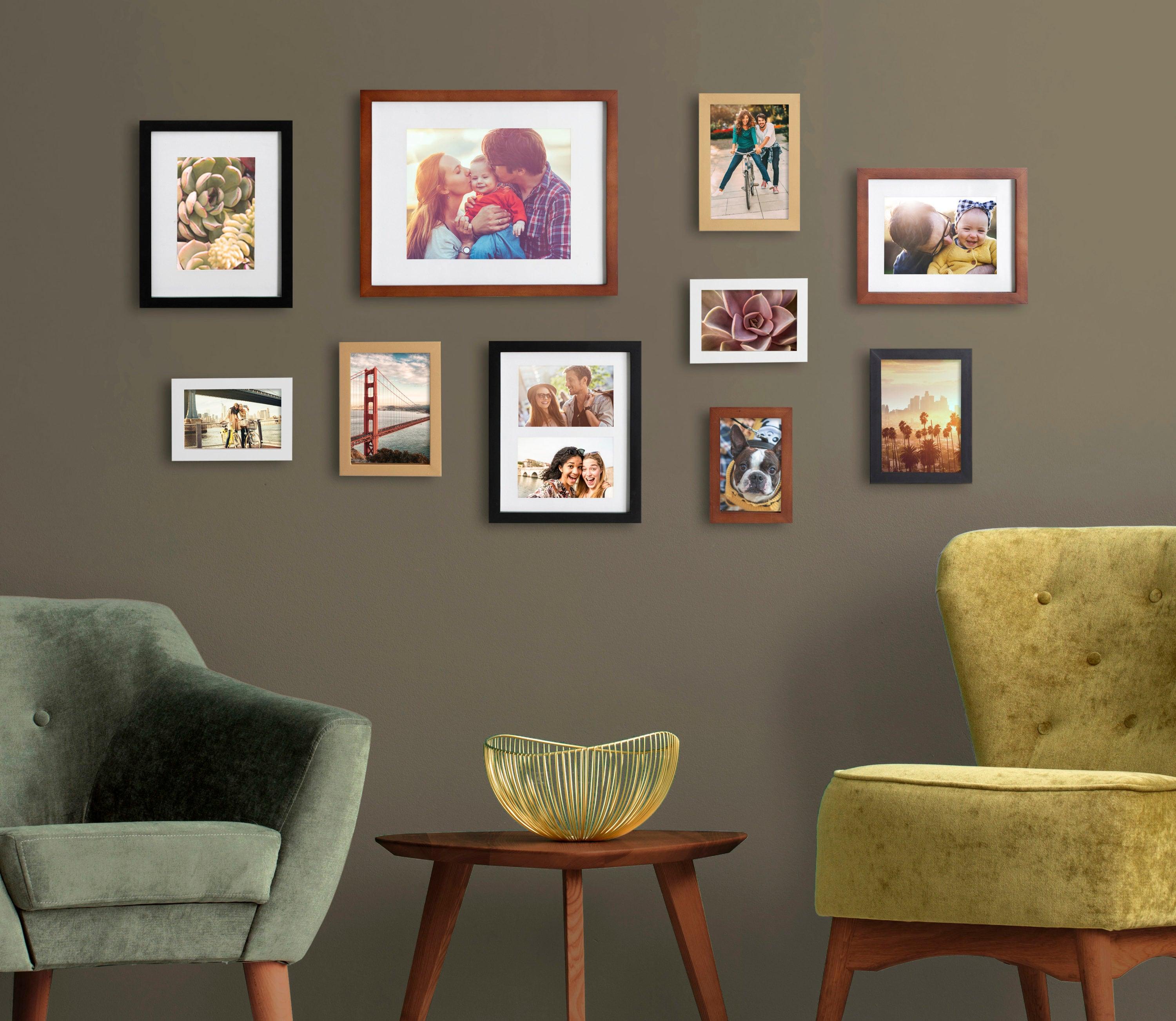 Kate and Laurel Gallery Mid-Century Wood Wall Frame Set, Set Of 10, Walnut Brown, Gold, Black, and White