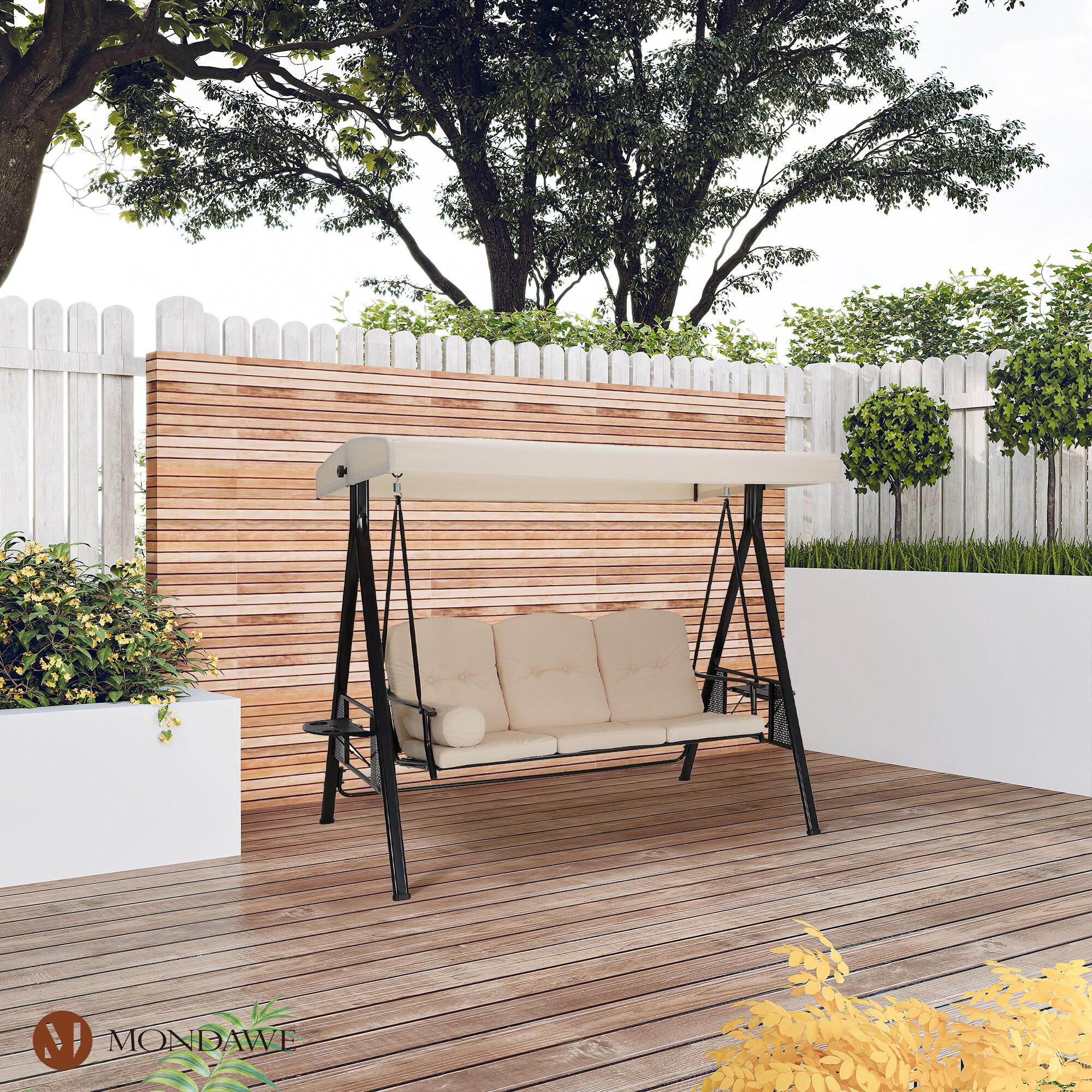 Outsunny 3-Seat Outdoor Patio Swing with Adjustable Tilt Canopy, Cushions, Pillow, Steel Frame, Side Tray, Cup Holder, Beige