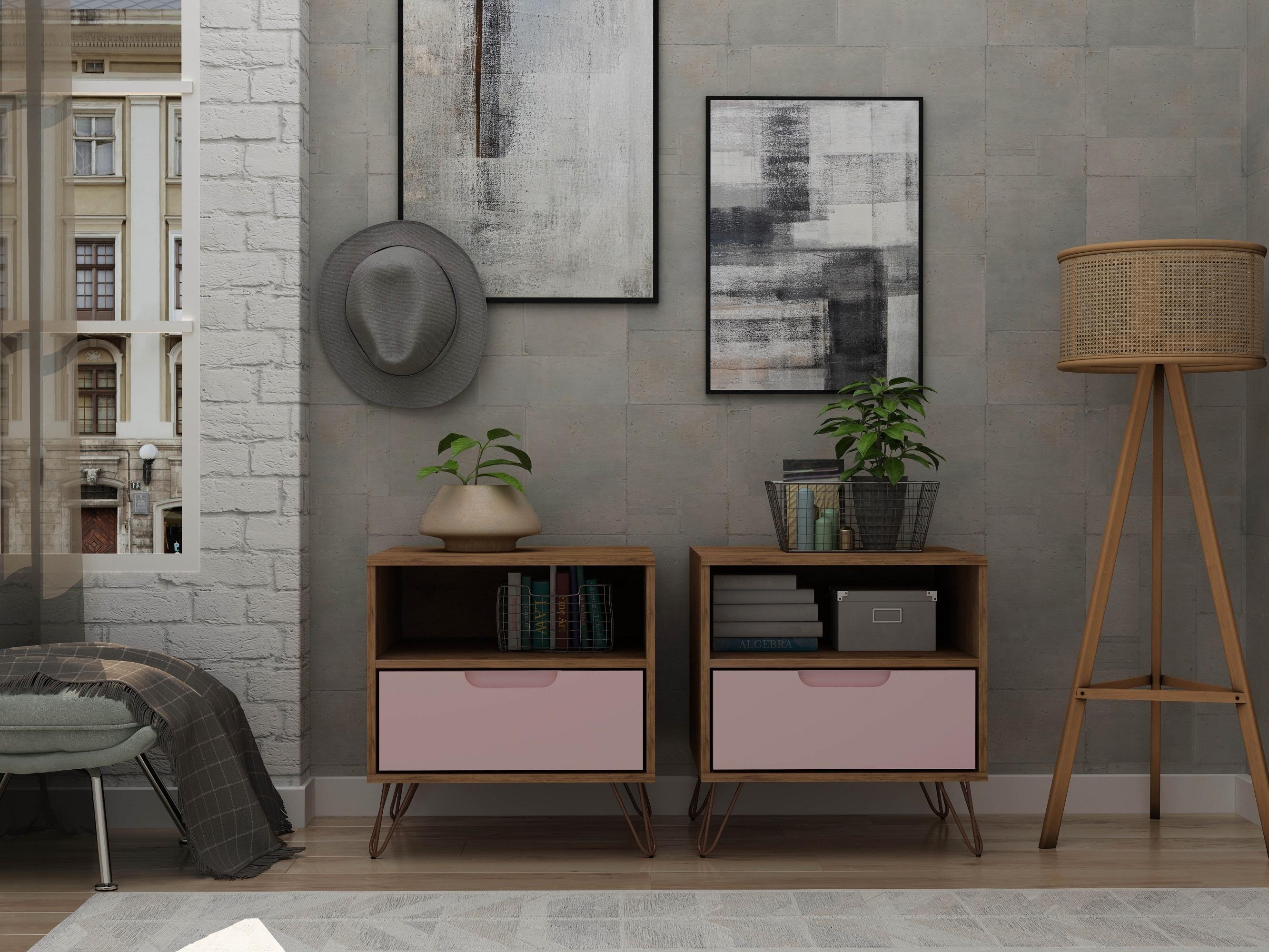 Set of 2 Rockefeller 1 Drawer Nightstands Nature/Rose Pink - Manhattan Comfort: Mid-century Design, Metal Legs, MDF