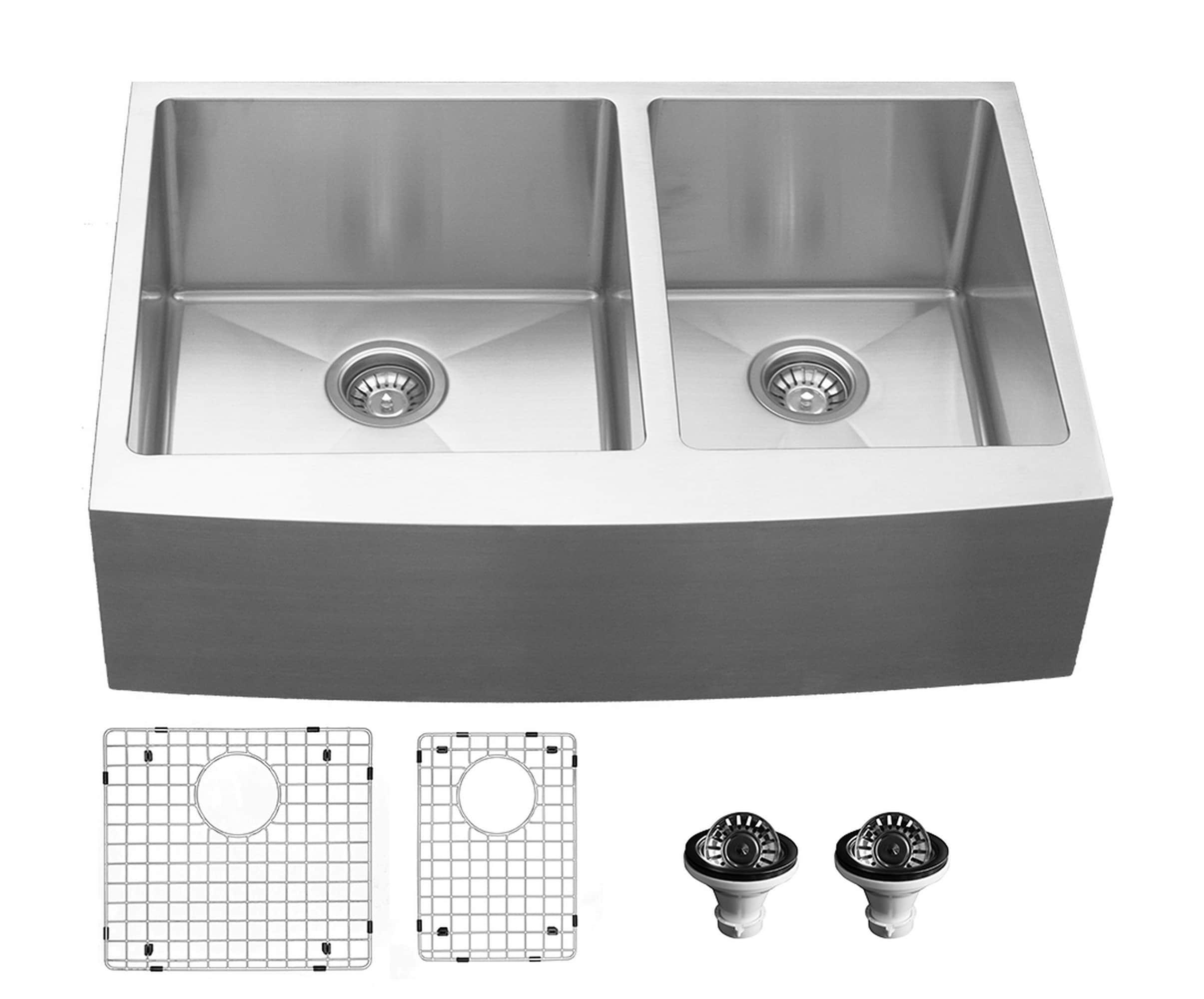 Karran 16-Gauge Stainless Steel 33'' X 22-1/4'' 60/40 Double Bowl Farmhouse Apron Front Sink Kit