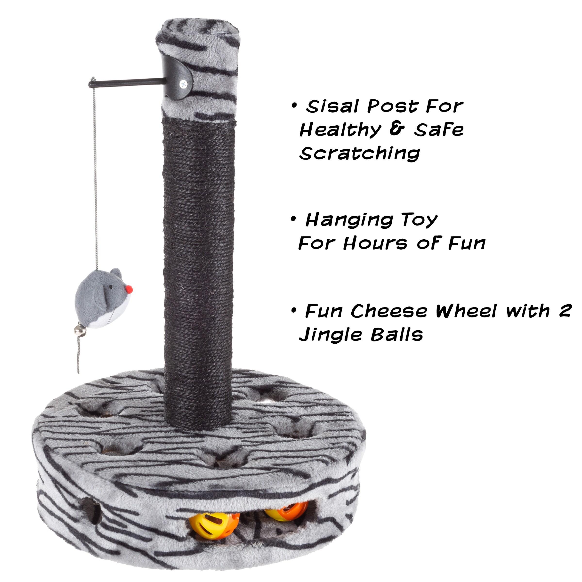 Pet Adobe Interactive Sisal Cat Scratching Post With Built-In Rolling Ball and Hanging Mouse Toy for Adult Cats and Kittens - Gray and Black