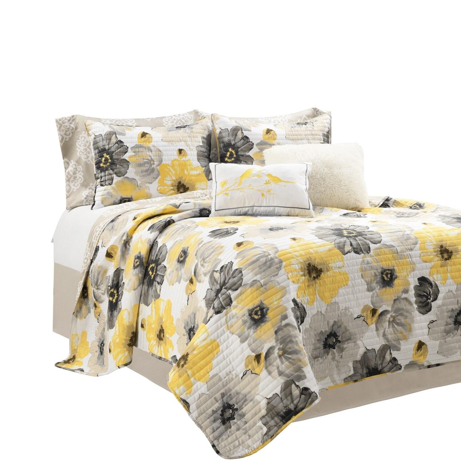 8pc Queen Leah Soft Reversible Oversized Quilt Set Yellow/Gray - Lush Décor