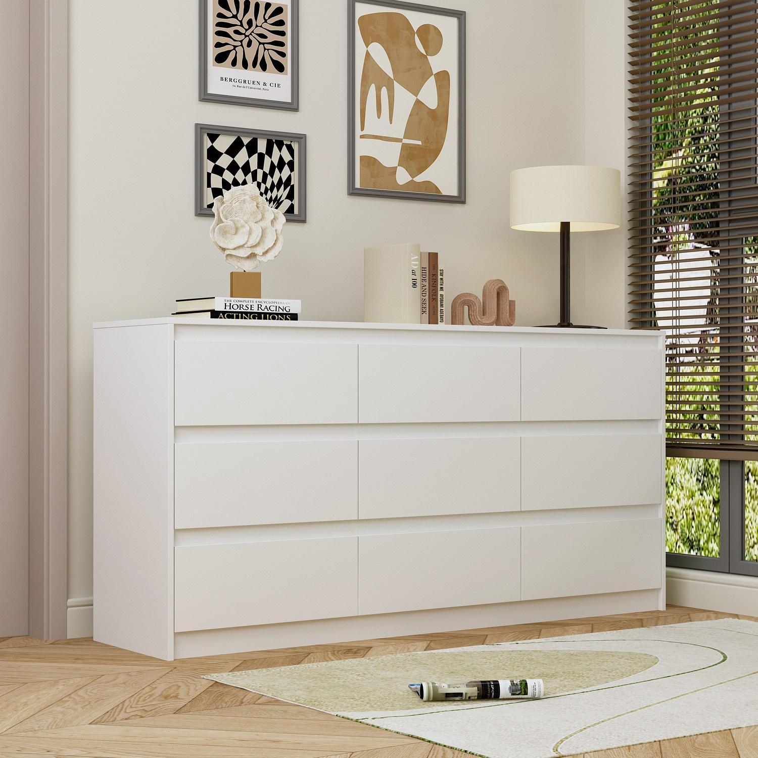 FUFU&GAGA White Modern Dresser for Bedroom 9 Drawers Wood Chest of Drawers