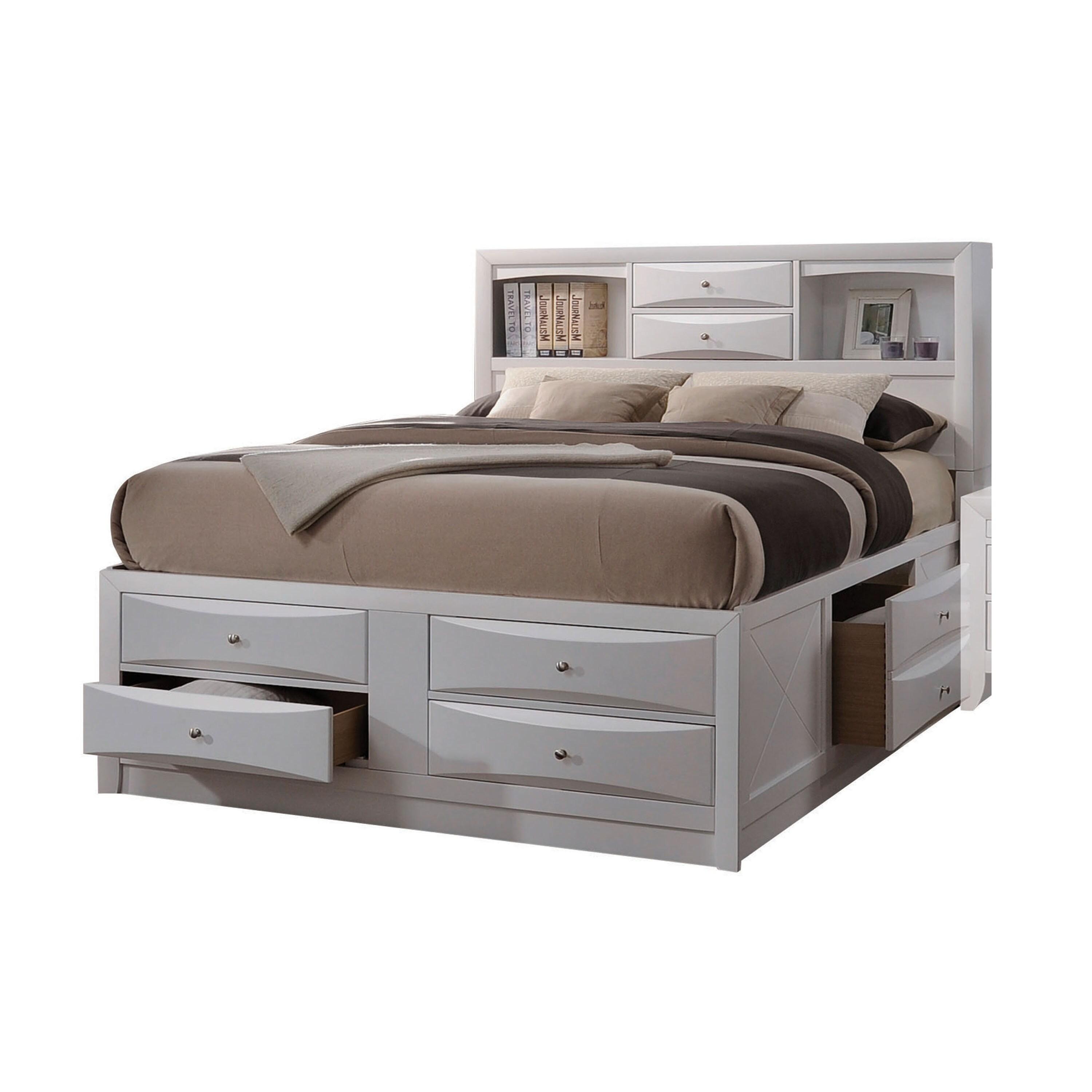 8 Drawer Eastern King Bed with Bookcase Headboard and Round Knobs  White
