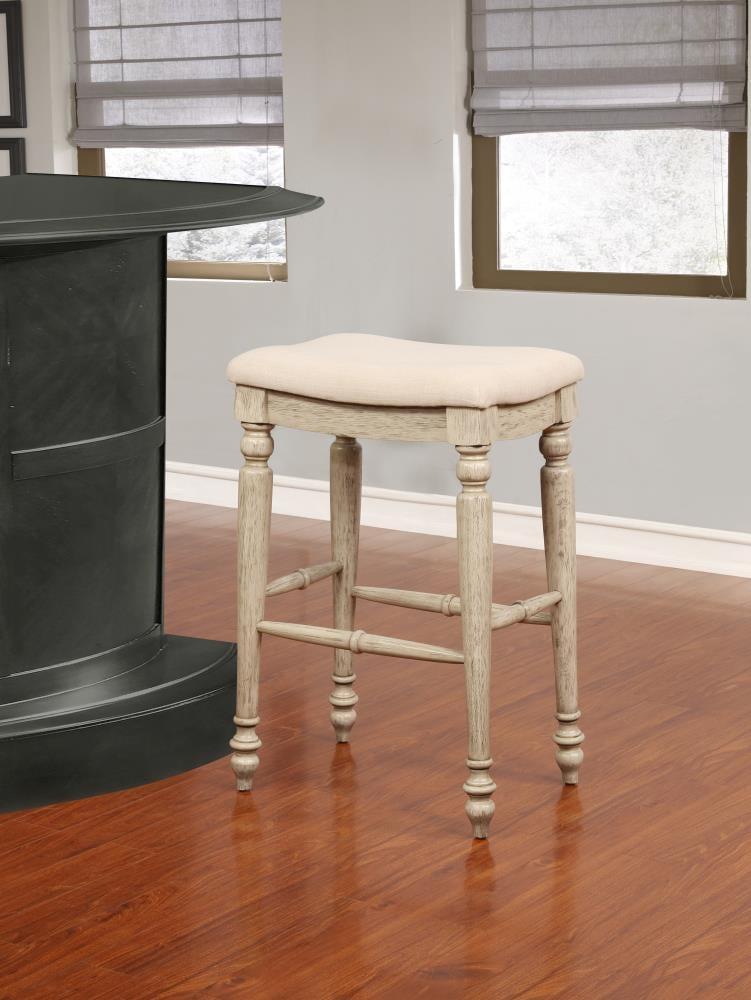 Marino Backless Padded Seat Barstool Wood White Wash - Linon: 30" Height, Linen Upholstery, Rubberwood