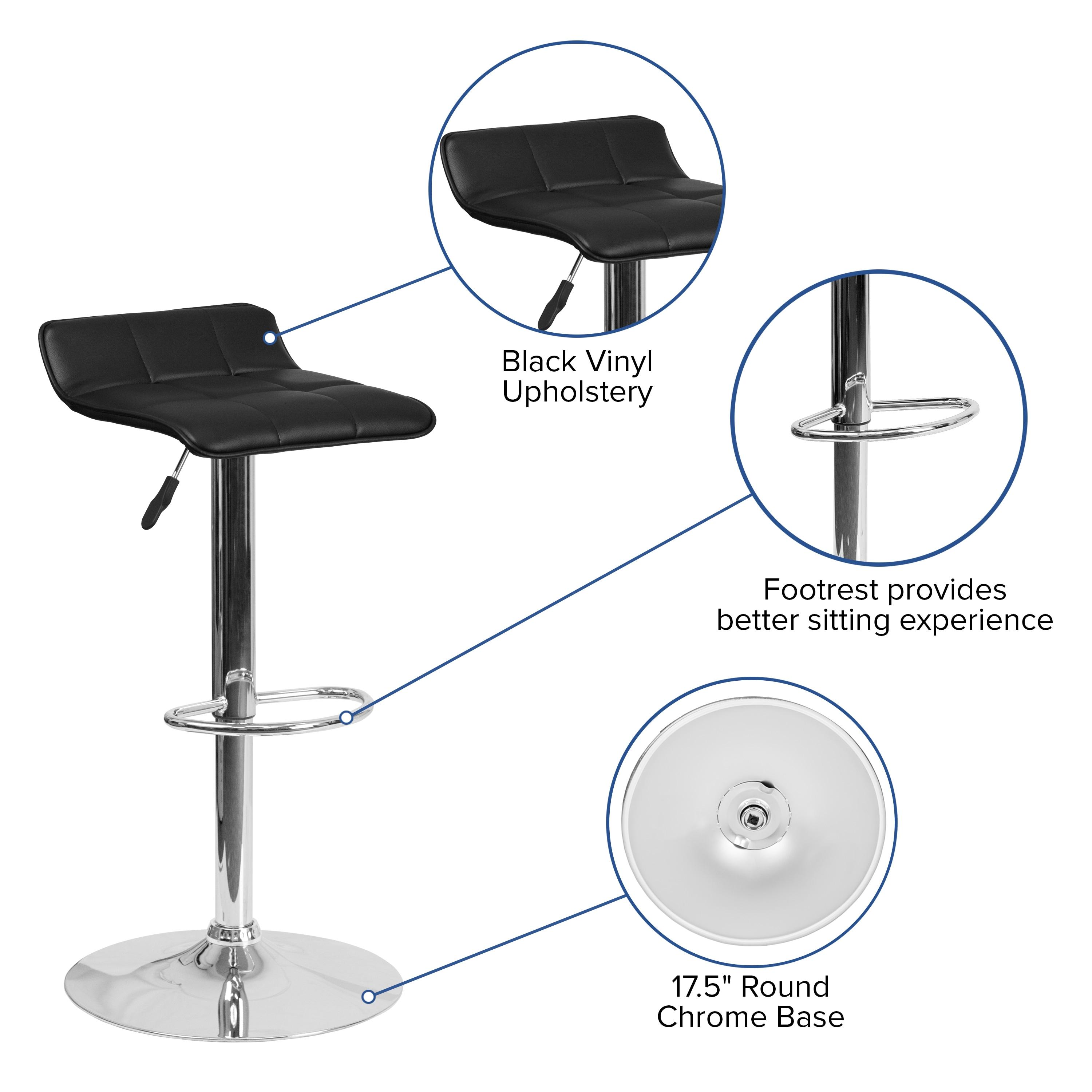 Flash Furniture Contemporary Black Vinyl Adjustable Height Barstool with Quilted Wave Seat and Chrome Base