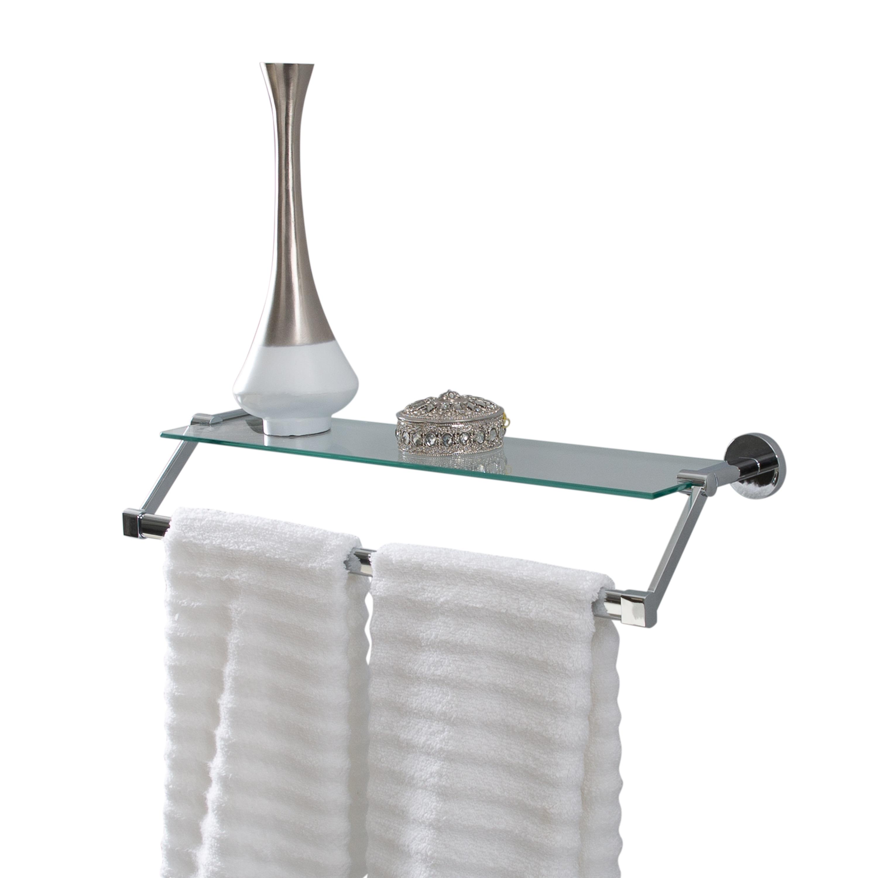 Mounted Glass Shelf with Towel Bar Chrome - Organize It All: Wall-Mounted Storage, Metal Frame, No Tools Assembly