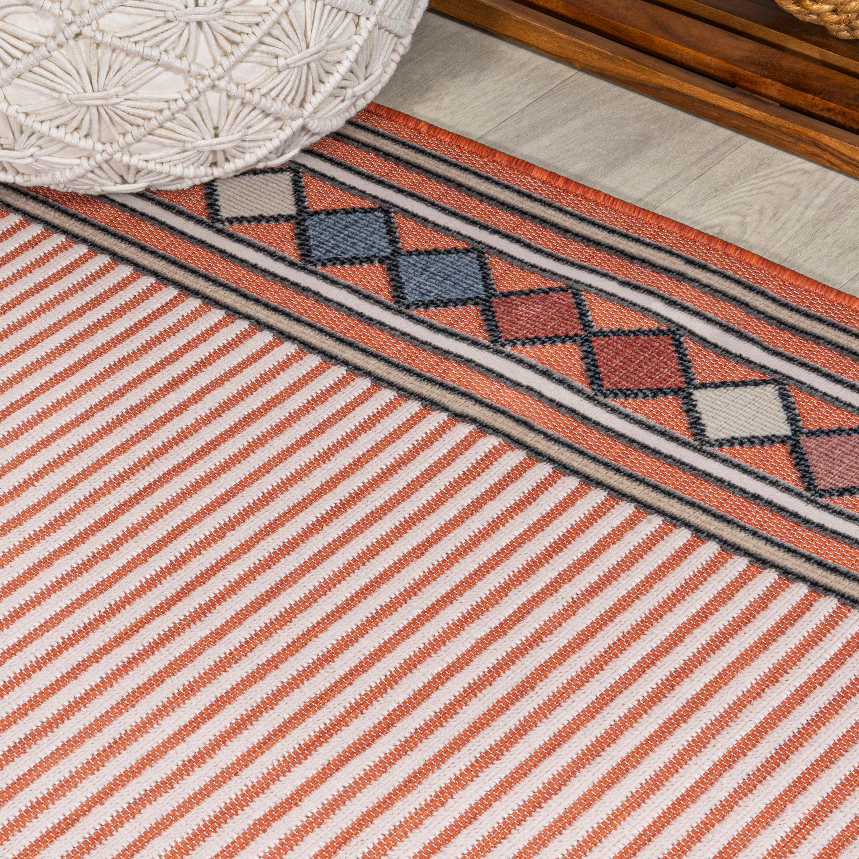 JONATHAN Y Sebastian High-Low Modern Diamond Border Orange/Ivory 2 ft. x 8 ft. Indoor/Outdoor Runner Rug