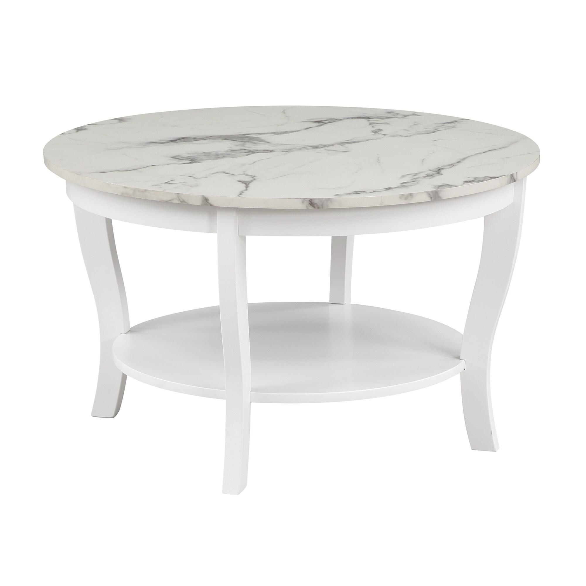 Convenience Concepts American Heritage Round Coffee Table with Shelf, White Faux Marble/White