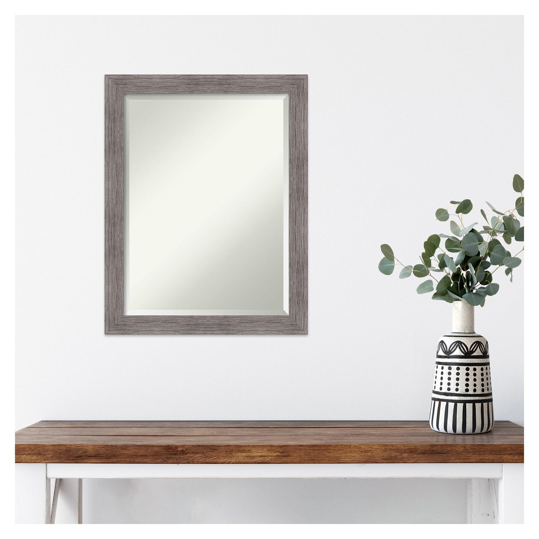 Amanti Art Beveled Bathroom Wall Mirror - Pinstripe Frame Pinstripe Plank Grey Narrow Outer Size: 21 x 27 in