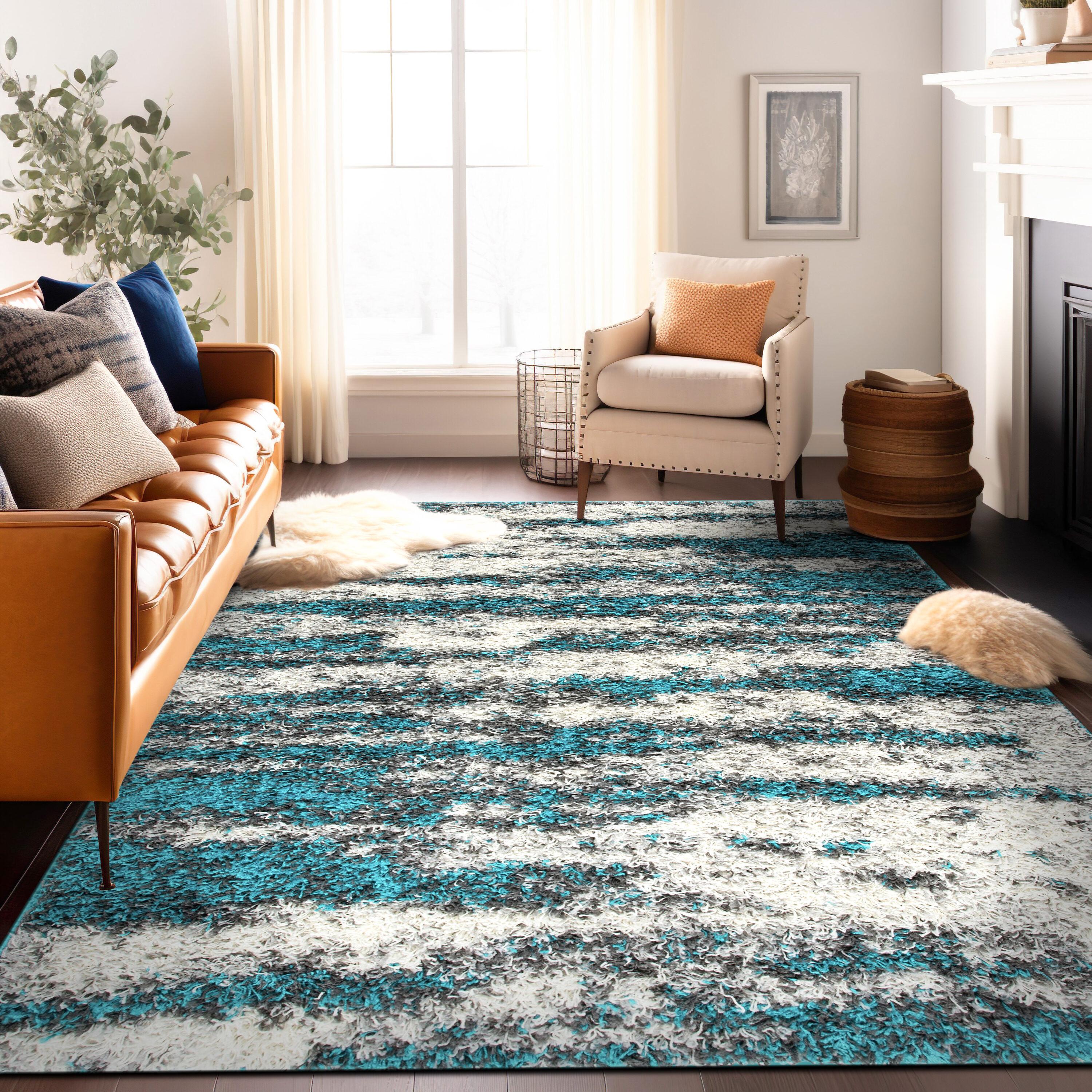 World Rug Gallery Modern Abstract Design Plush Shag Area Rug - Turquoise 5' x 7'